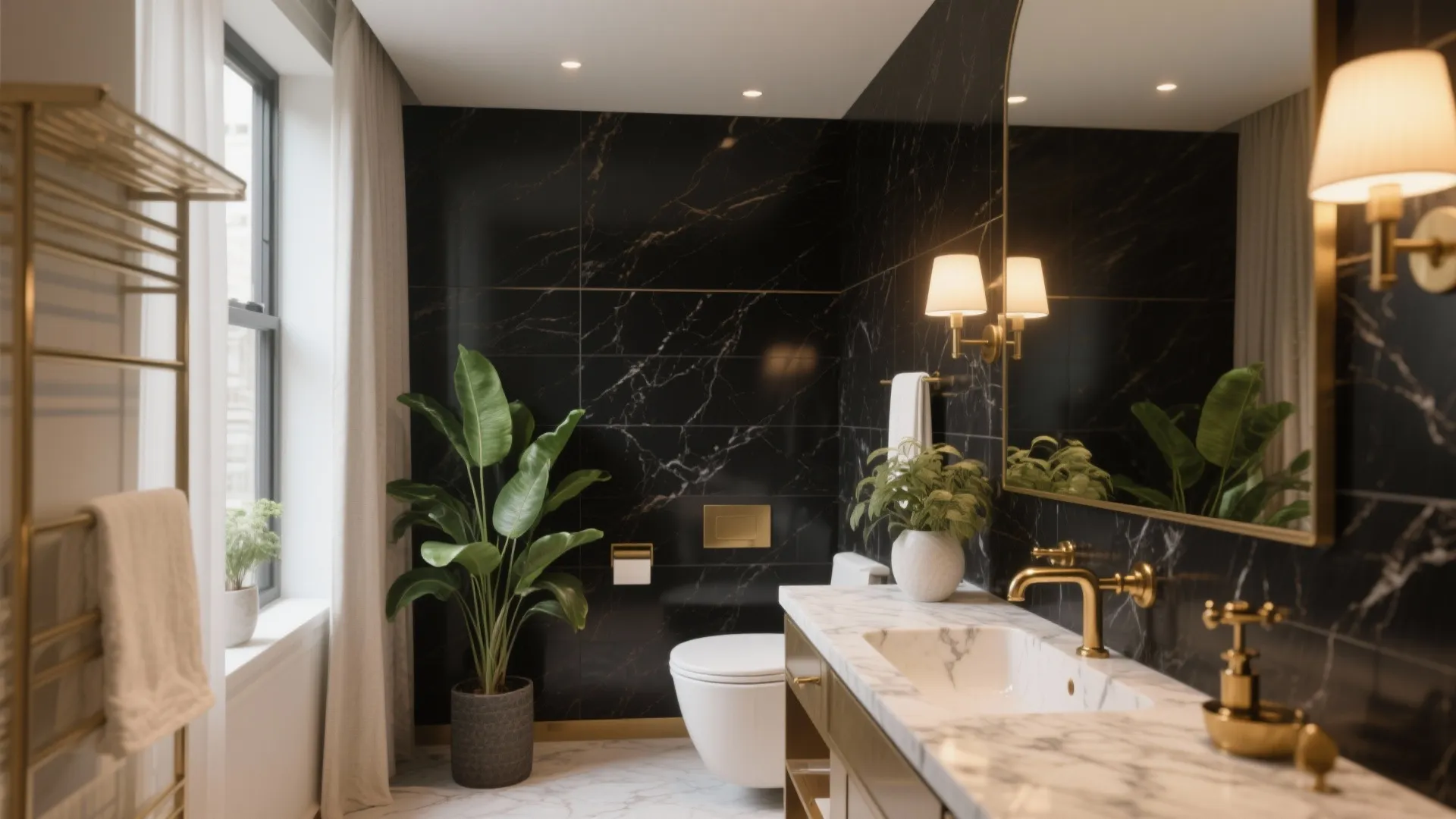 Luxury bathroom with black marble walls gold light fixture white sink green plants and window