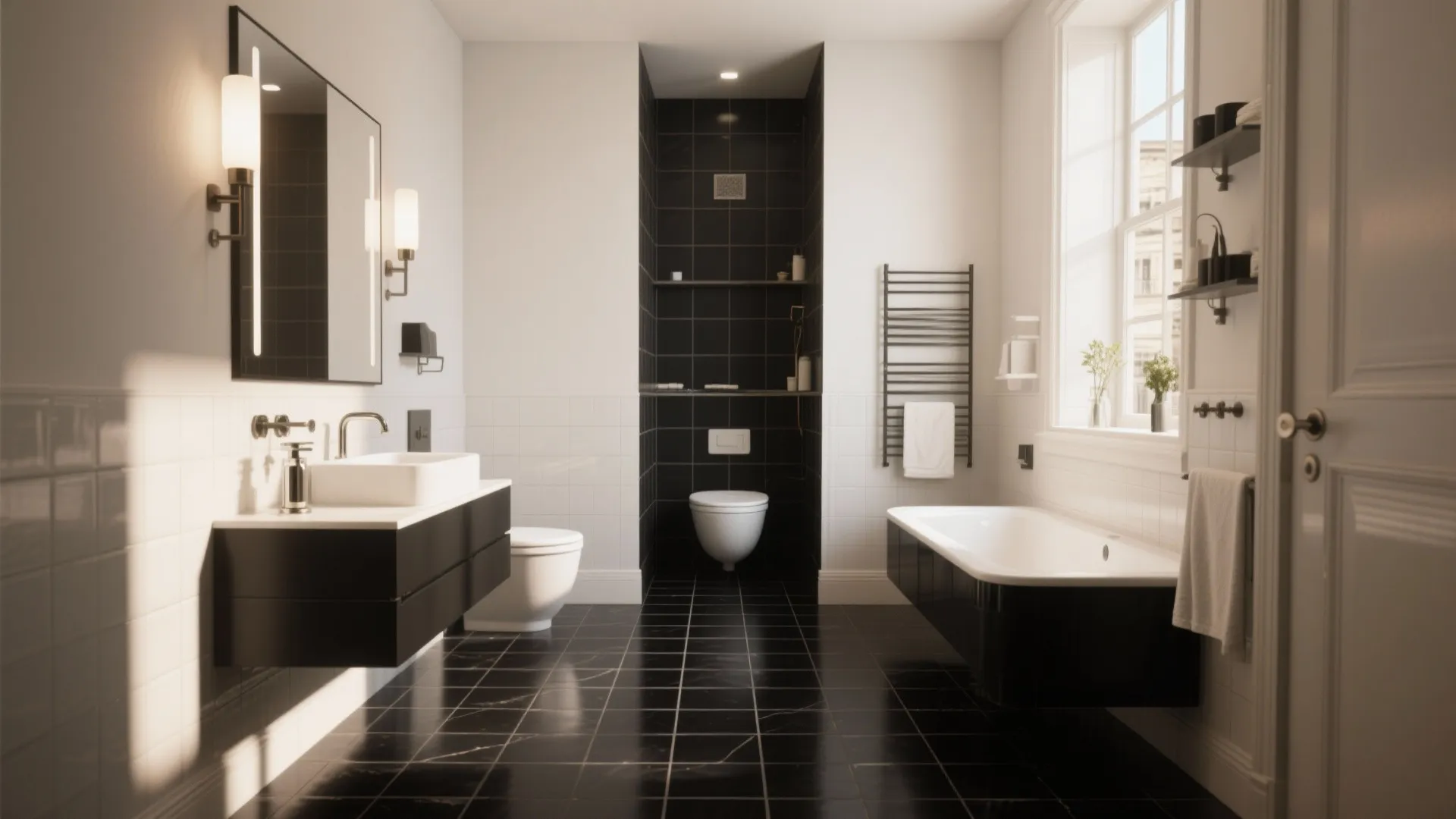 Modern bathroom with black tile floor white walls dark cabinet bathtub toilet and wall light