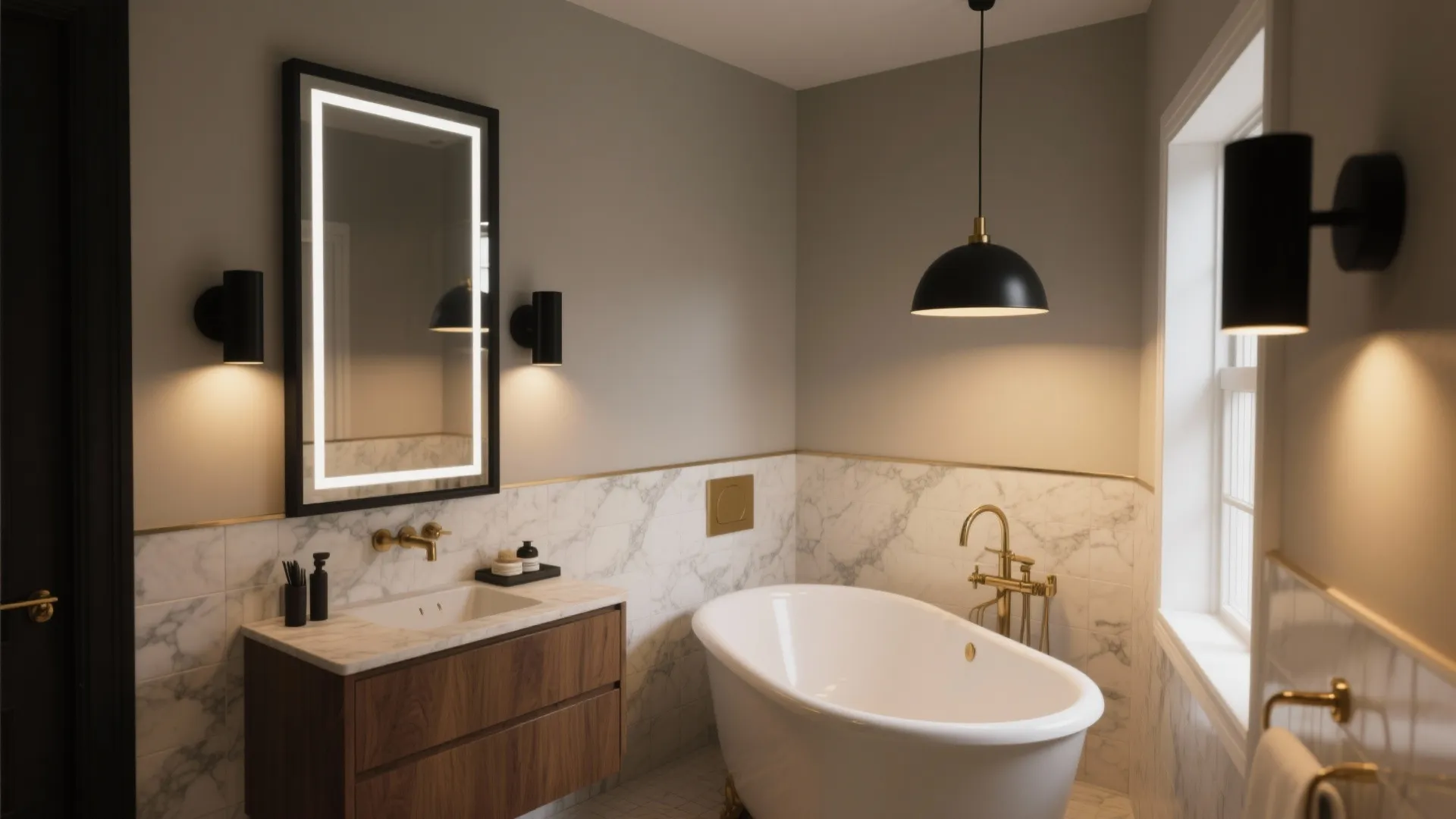 Modern bathroom with white bathtub, wooden cabinet, marble tiles, lit mirror, and black wall lights