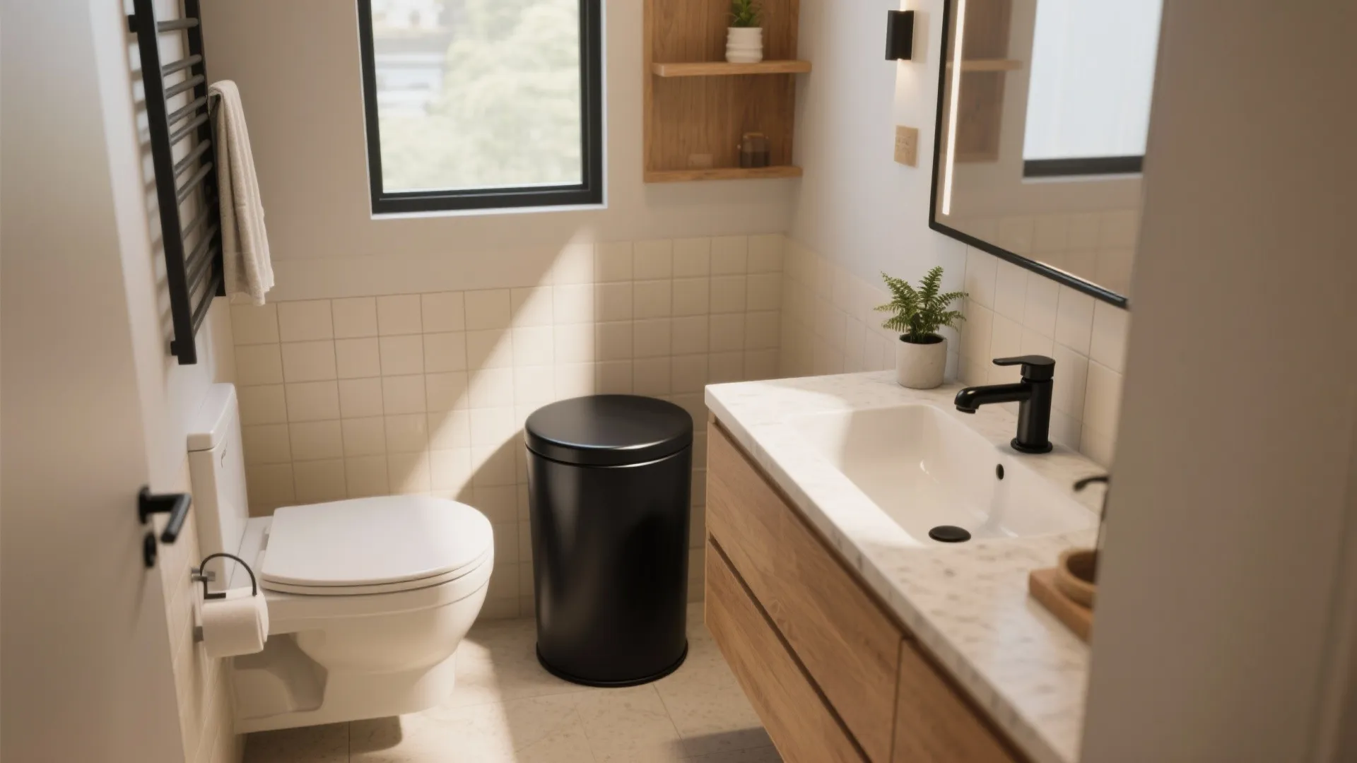 5 Small-Space Ideas: Black Bathroom Trash Can: Stylish black garbage can ideas that save space and elevate tiny bathrooms