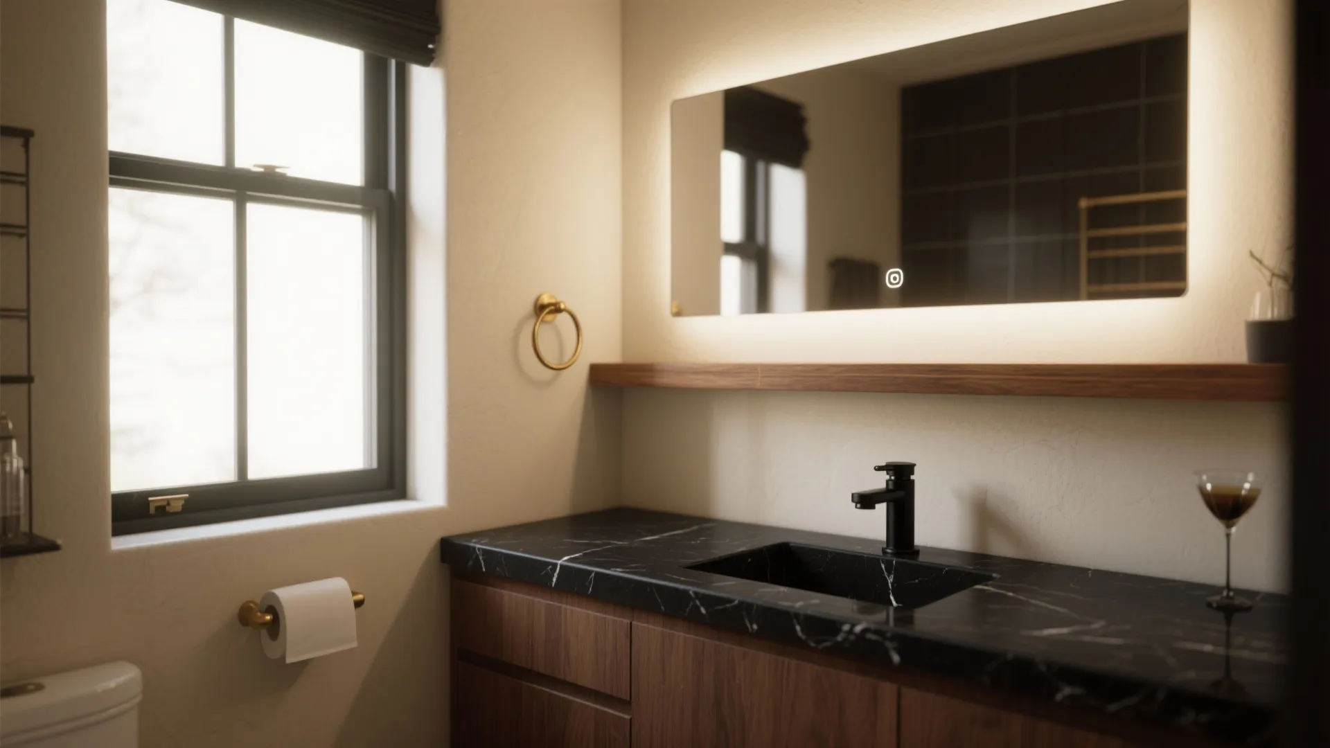 Modern bathroom with dark marble counter black sink wood cabinet lighted mirror and white walls