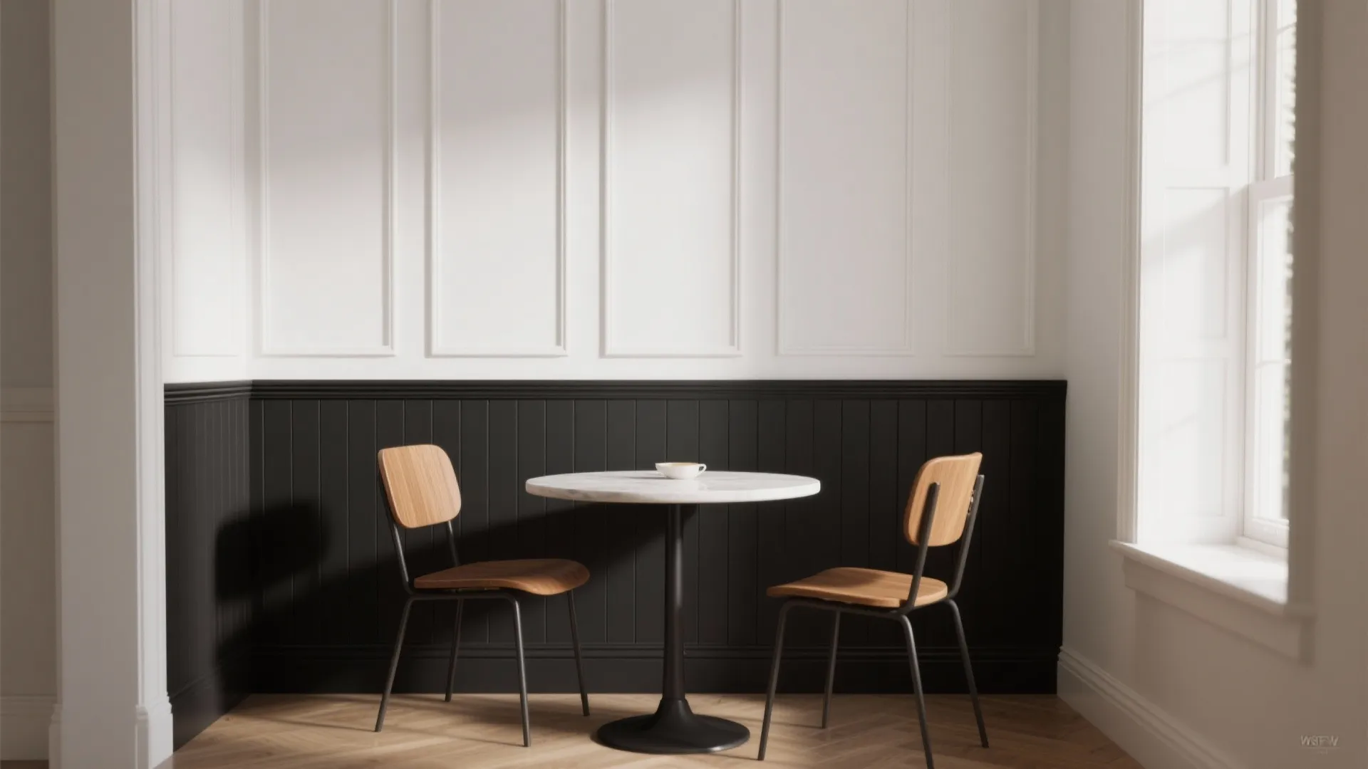 2) Black board-and-batten on a white wall for depth