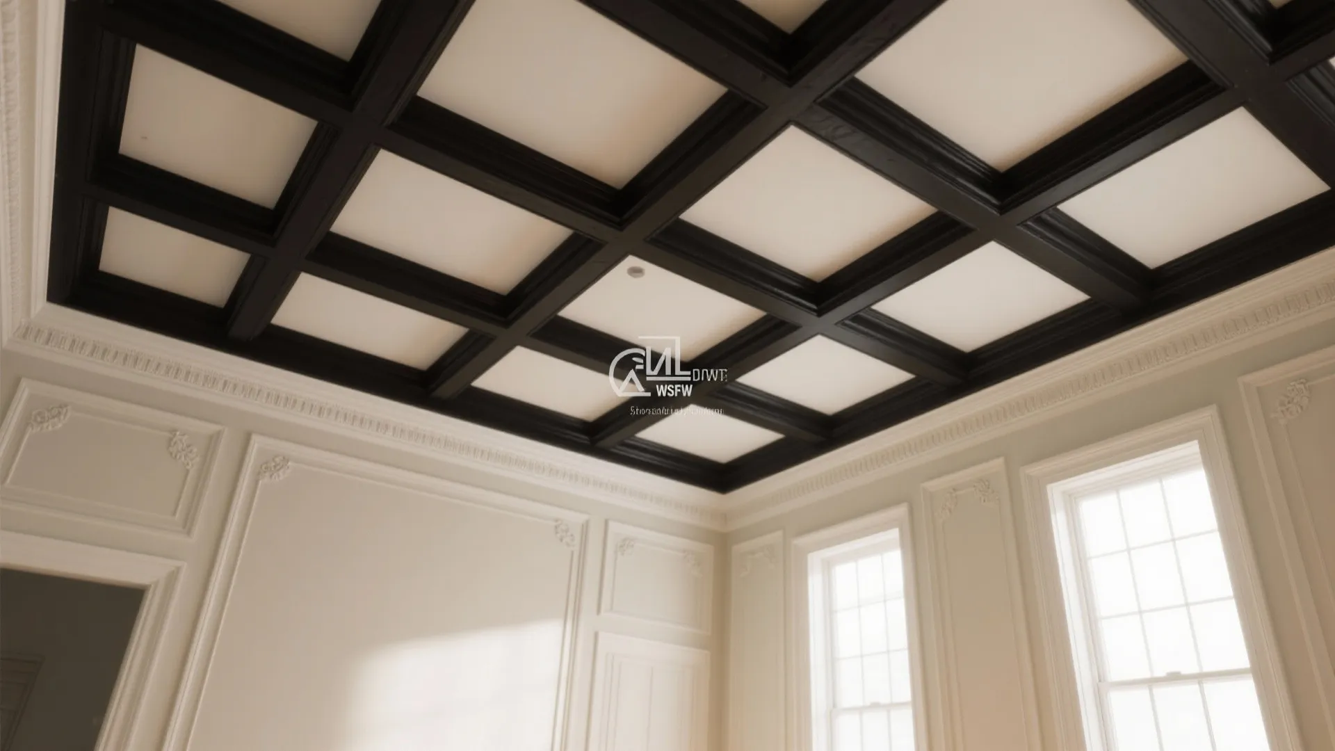 Classic room interior with black grid wood ceiling beams white wall panels and large windows