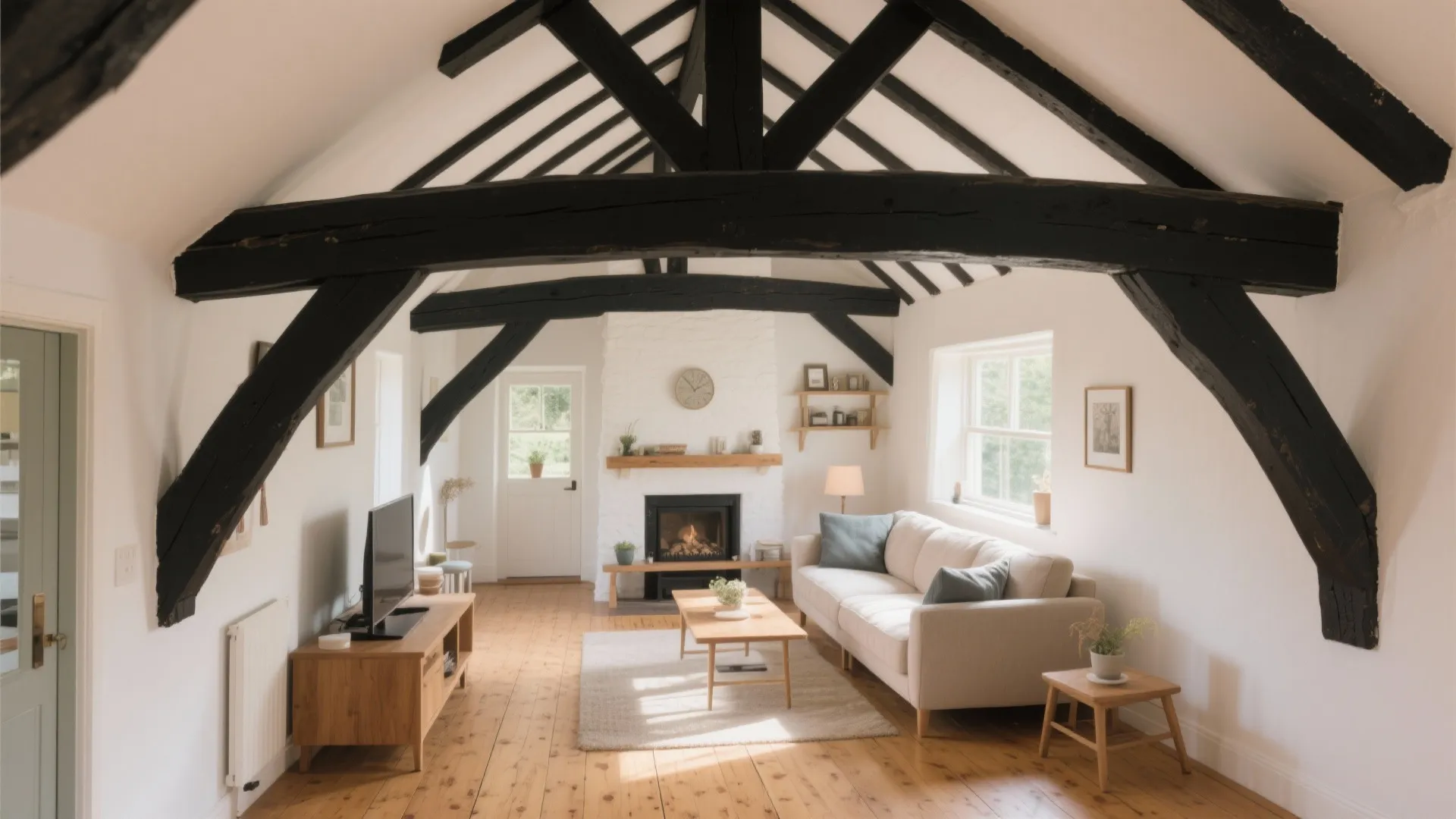 8. Black Ceiling Beams Over Warm Brown Floors