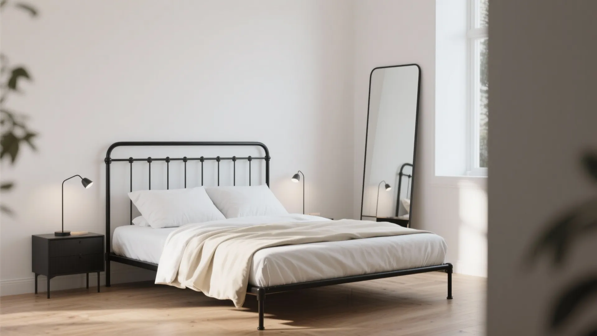 1. Black bed frame + light linens for contrast