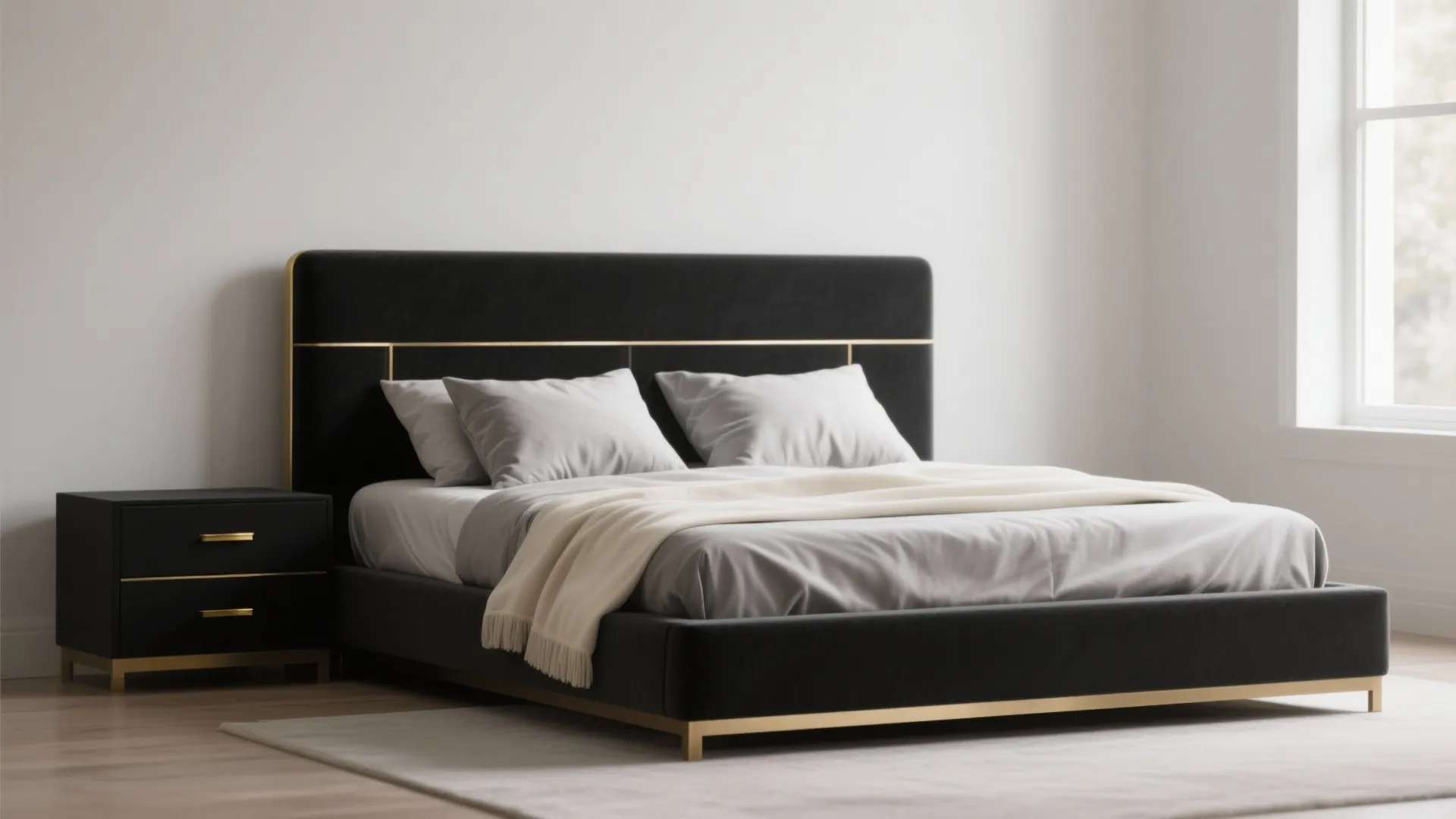 1. Anchor with a black platform bed and gold hardware