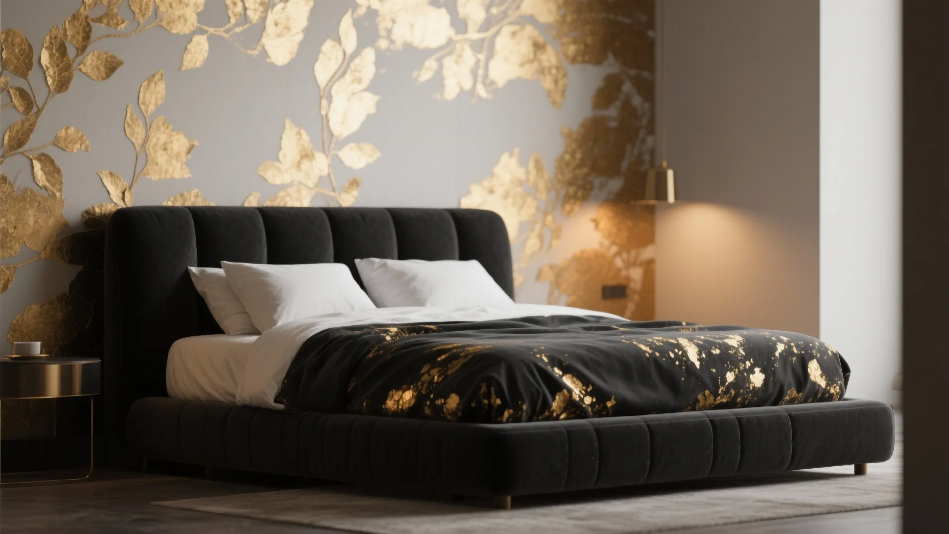 Black upholstered bed with a subtle gold leaf accent wall and textured bedding in warm light.