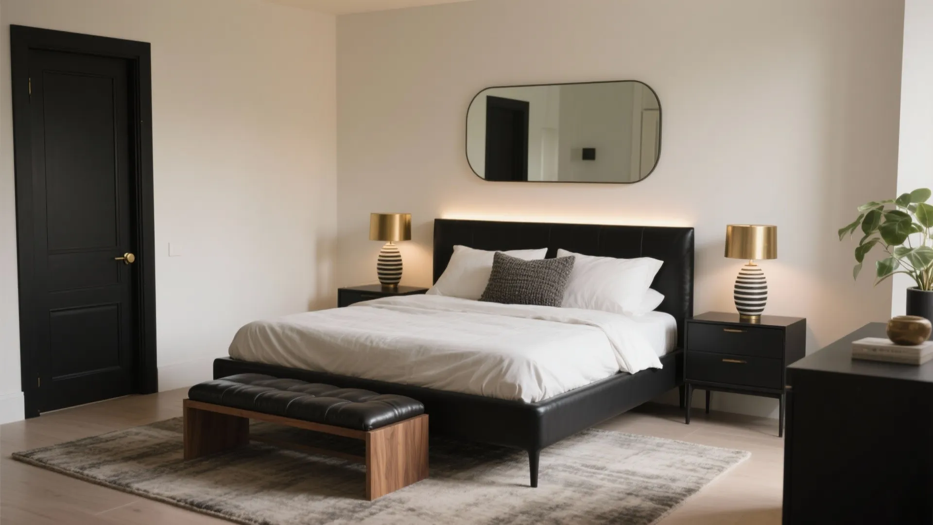 White bedroom with black leather bed black cabinets gold lamps black footrest and large mirror