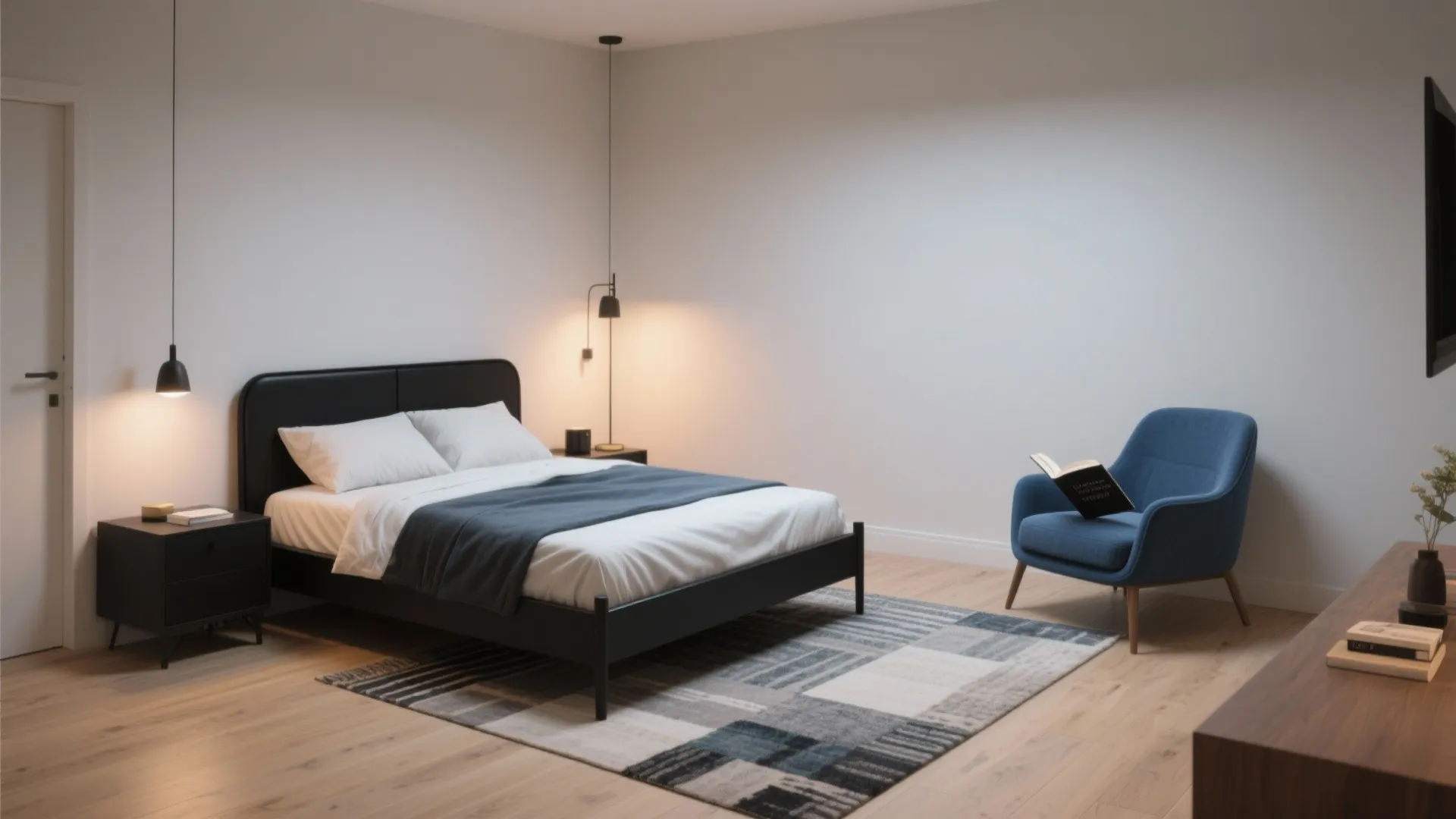 3. Black Bed Frame, Blue Accent Chair