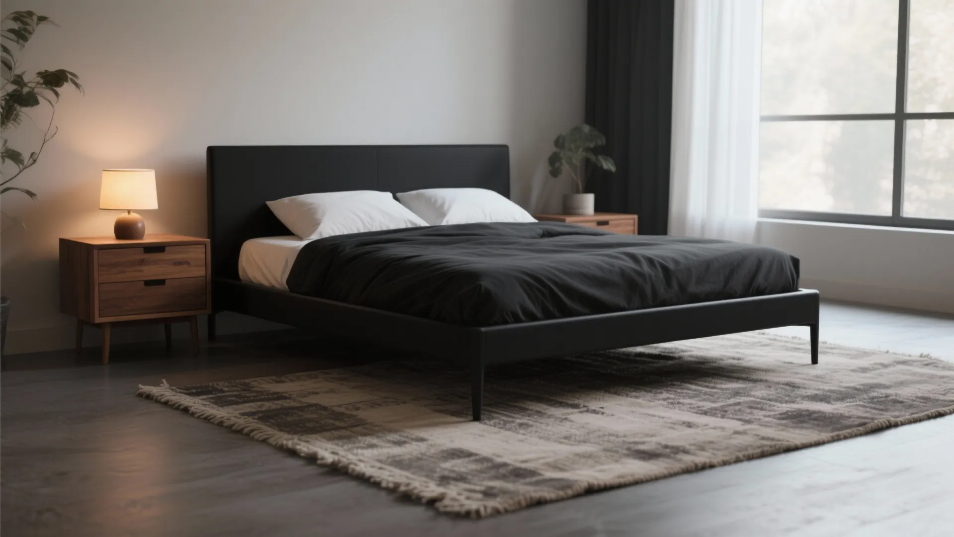 1. Matte Black Bed with Warm Wood Accents