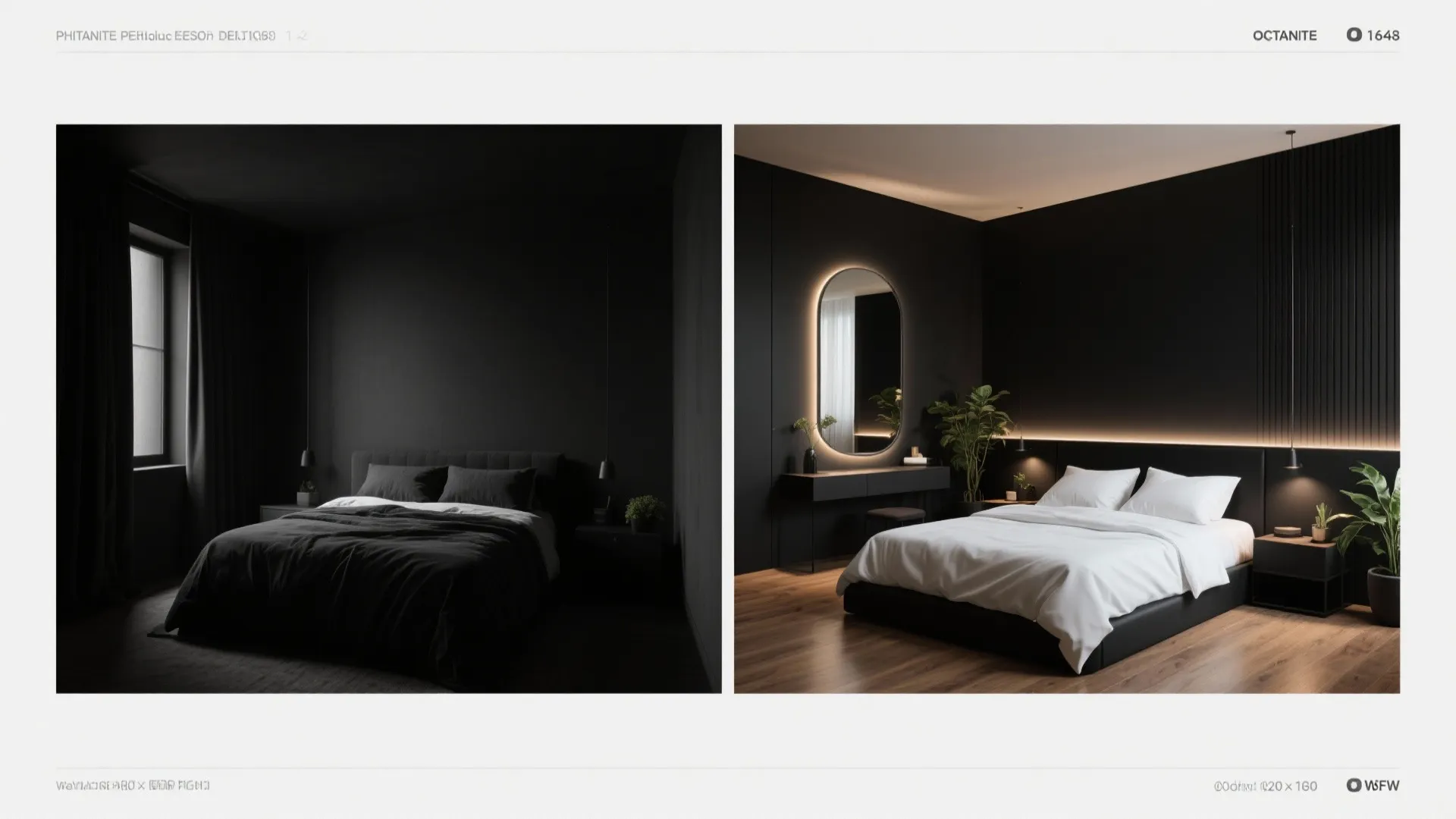 Before-and-after of a small black bedroom: dark and cave-like versus balanced and airy.