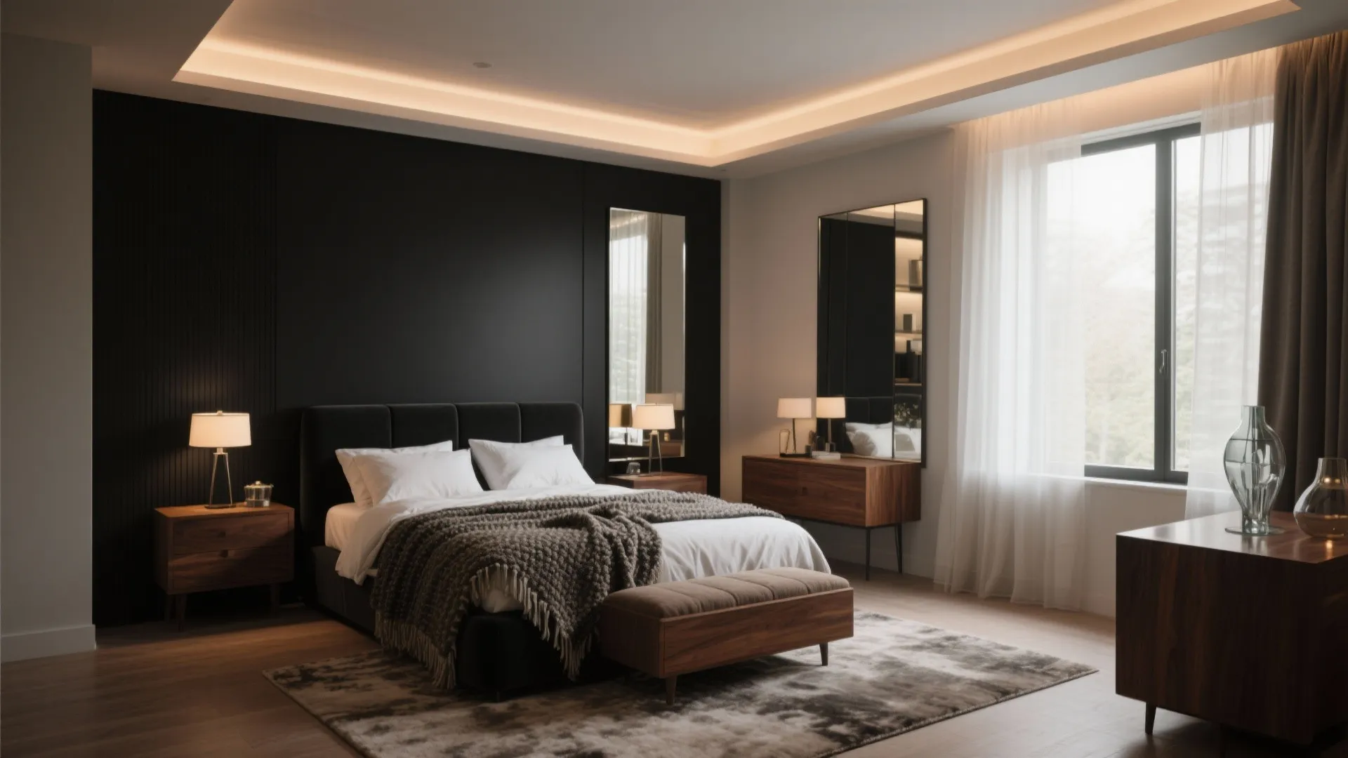 Modern master bedroom with black accent wall wooden furniture white bedding and large window with curtains