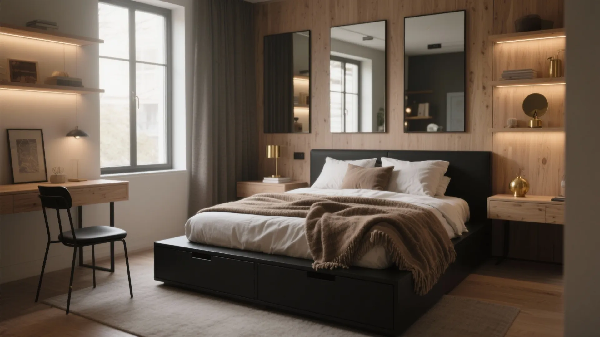 Modern bedroom with black bed frame wooden wall panels large window desk and neutral color bedding