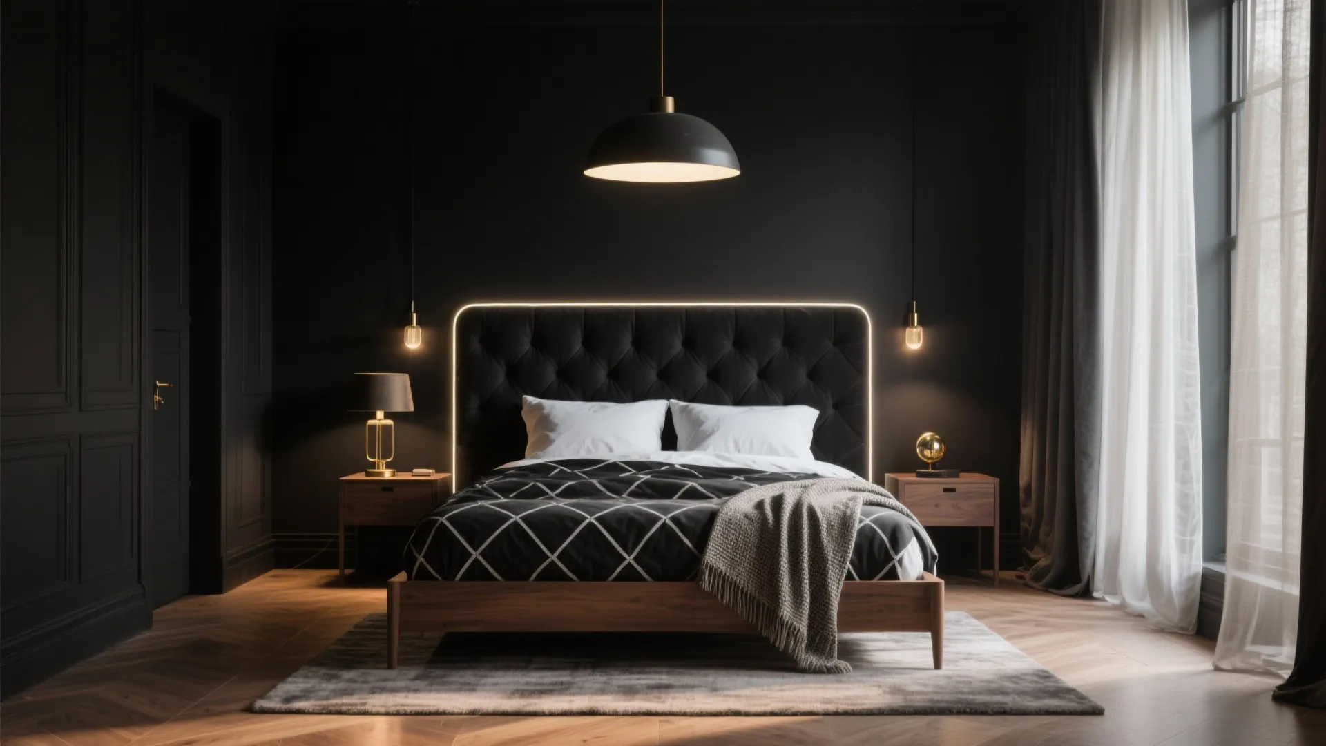 Elegant master bedroom interior with black walls wood floor patterned bedding and warm ceiling light