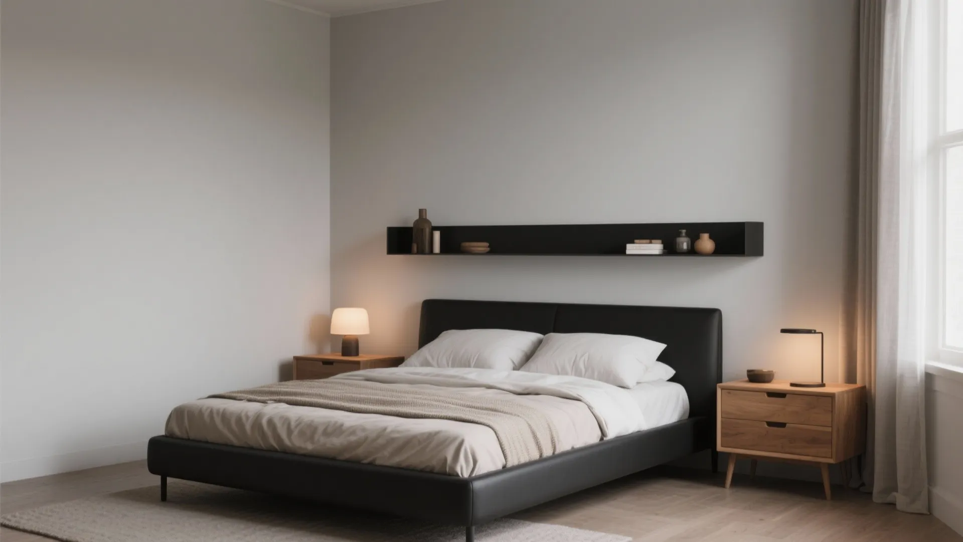 Modern minimalist bedroom featuring a black bed with white linens and two wooden nightstands lamps