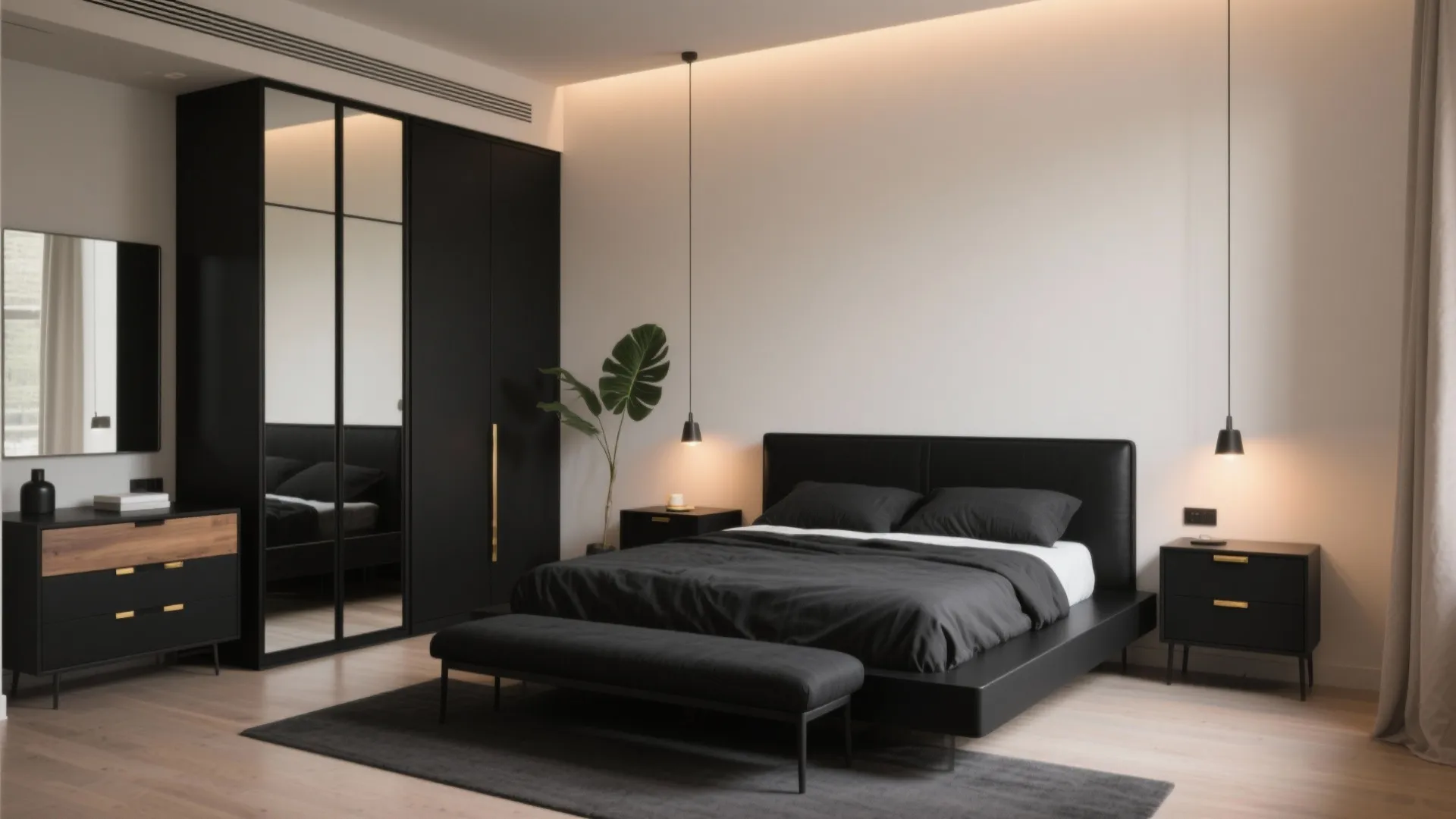 Modern dark bedroom with black bed and closet along with two small black hanging ceiling lights