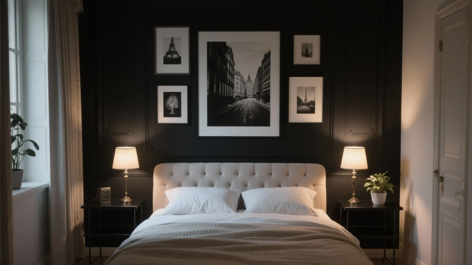 Classic bedroom with black wall panel and gallery wall above beige bed with warm lighting
