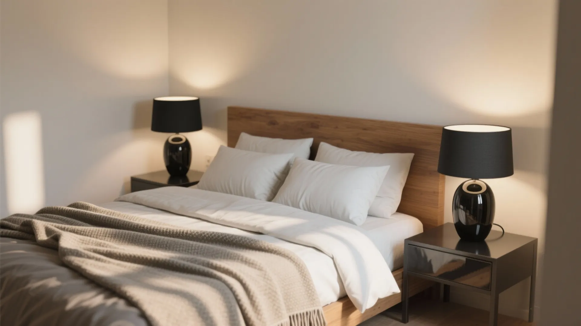 Modern wooden bed with white pillows and two black table lights on dark side tables