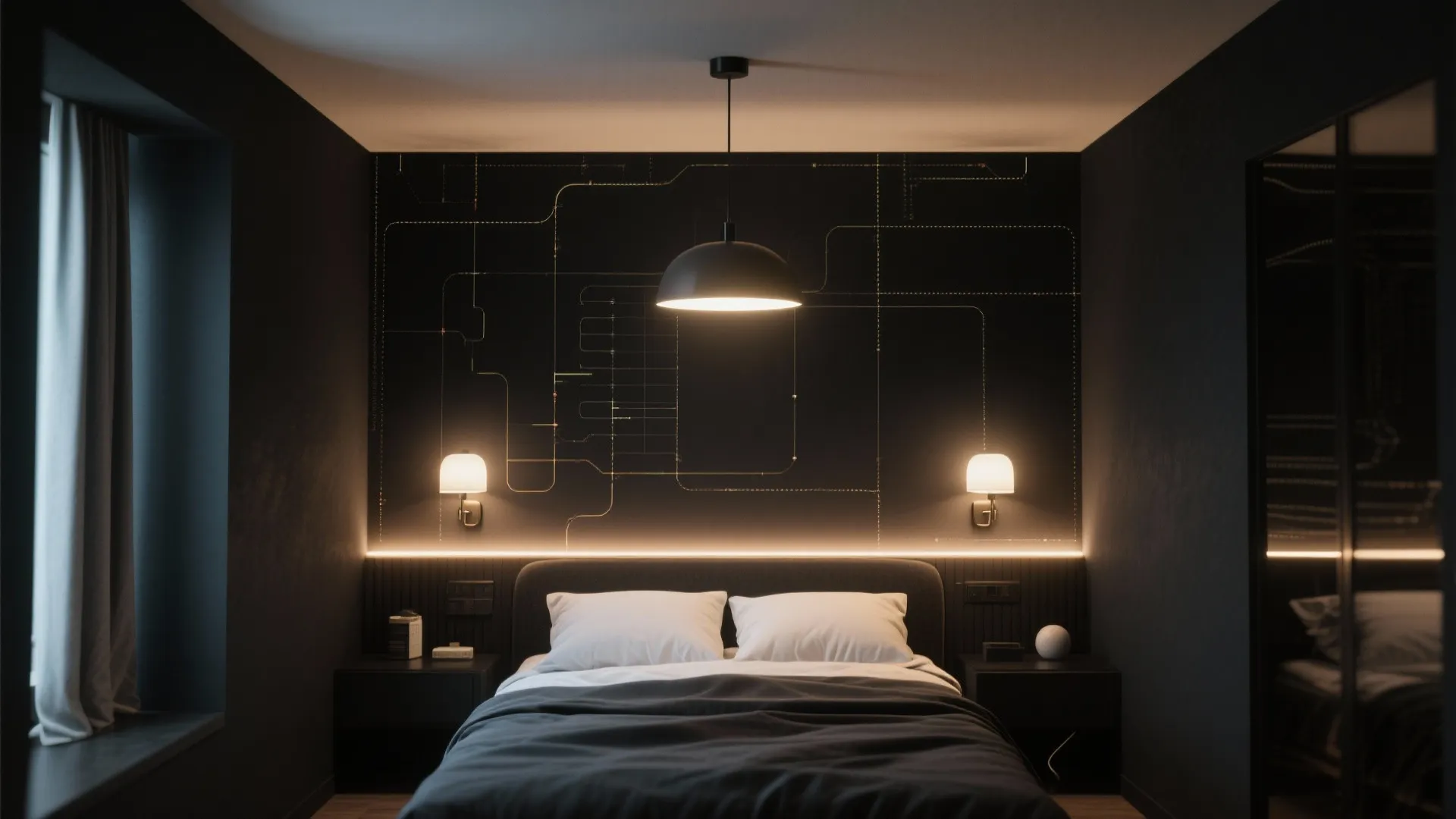 Black bedroom with layered lighting: pendant, wall sconces and LED strip creating depth.