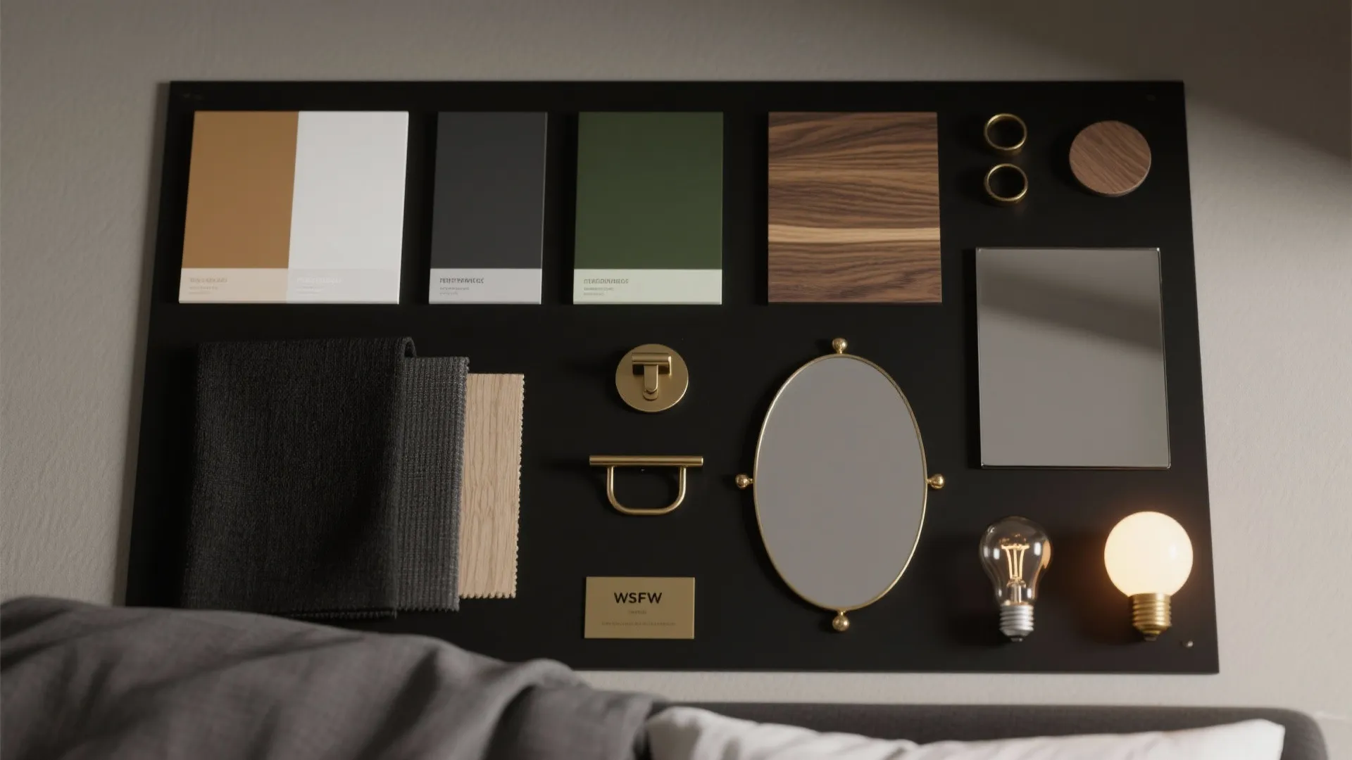 Interior design mood board showing color samples fabric swatches gold hardware mirrors and two bulbs
