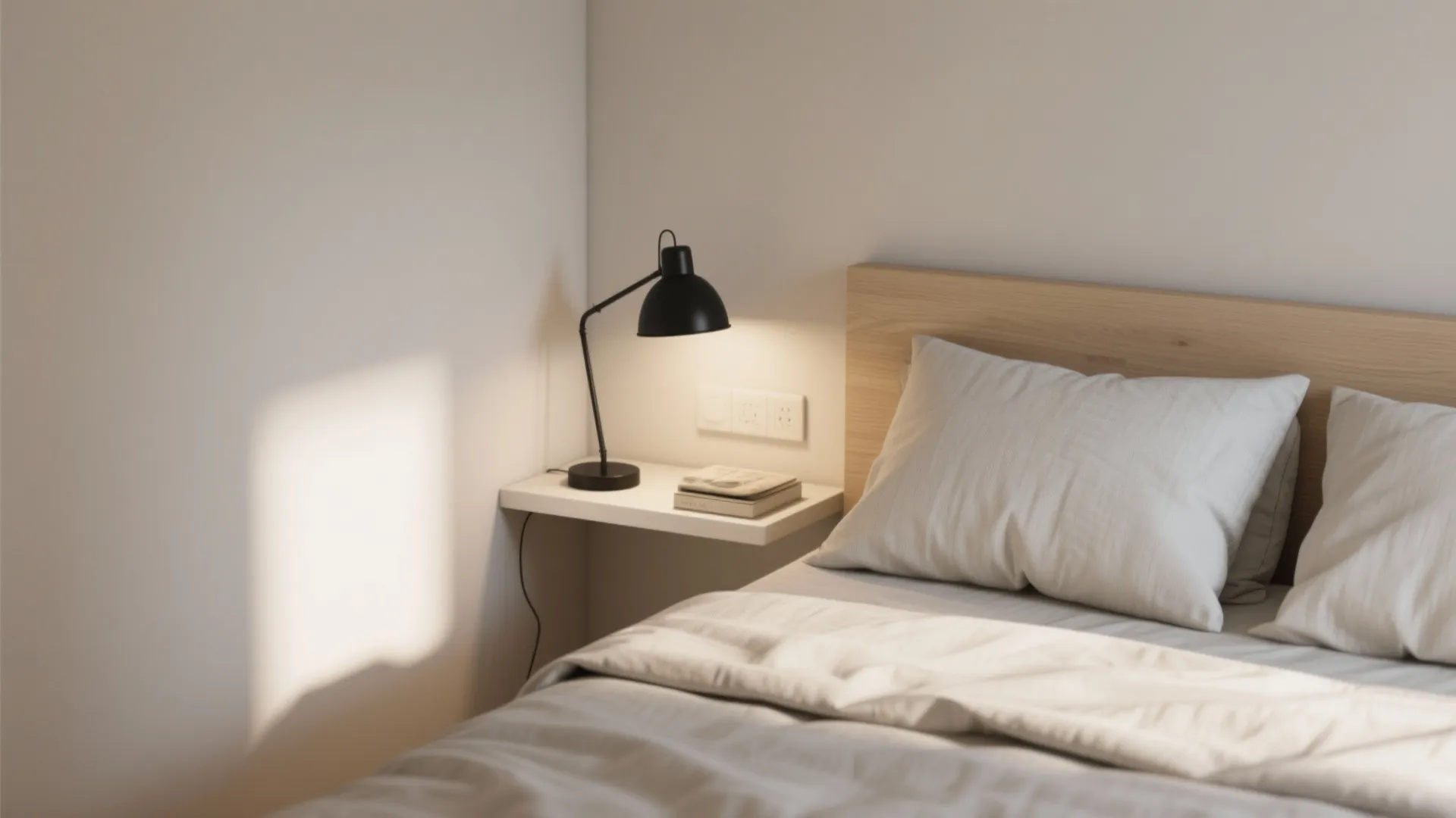 Modern bedroom featuring a black bedside lamp on a white floating shelf with wooden headboard
