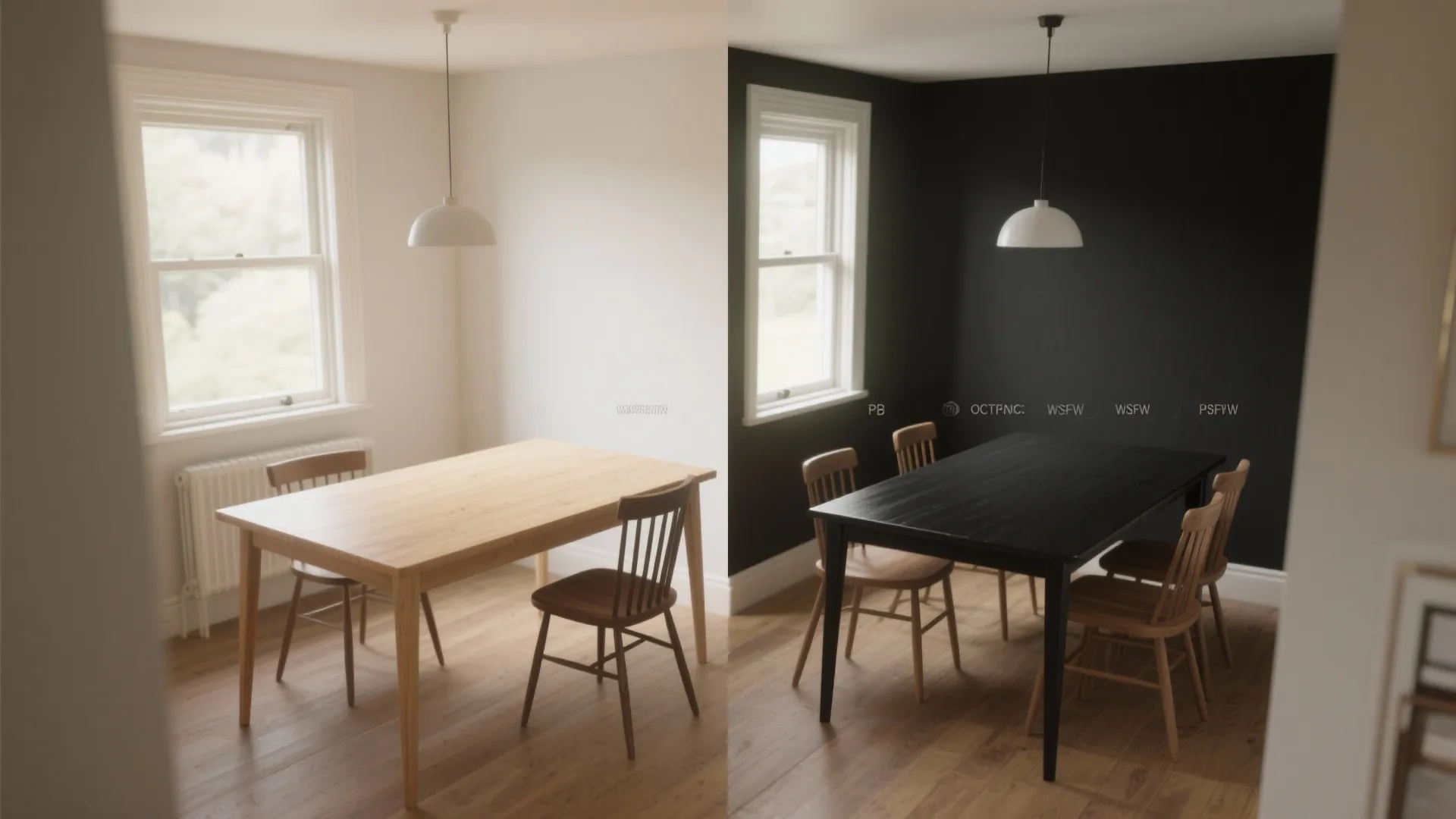 Before and after comparison of a light dining room versus a dark black accent wall