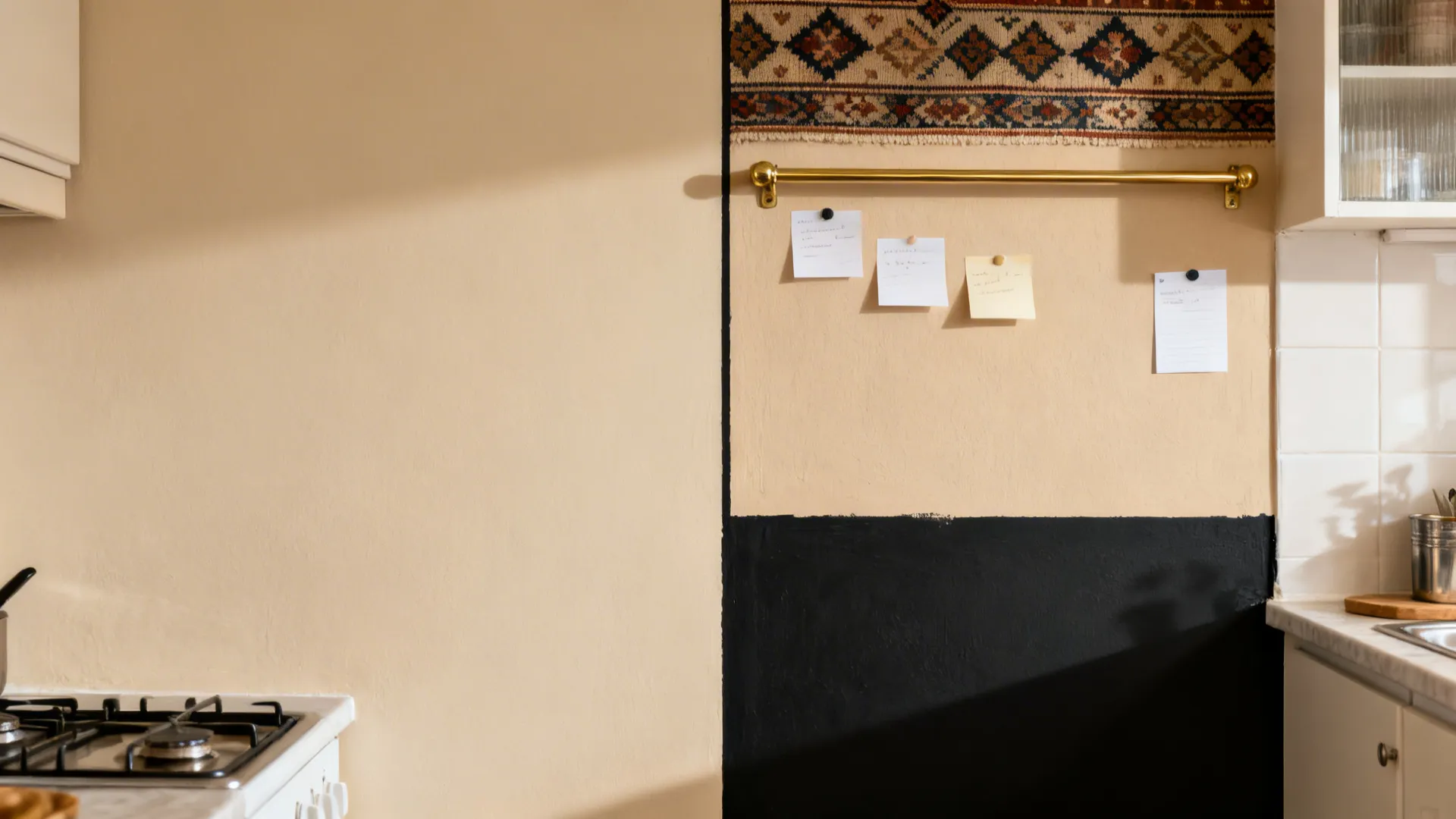 Before and after comparing a plain wall to a two-tone soft black and beige kitchen wall.