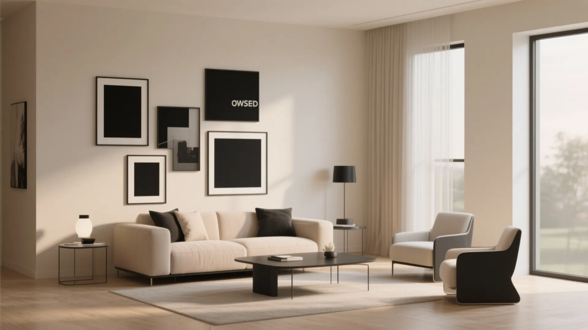 Modern living room featuring beige sofa black coffee table framed wall art and wood flooring