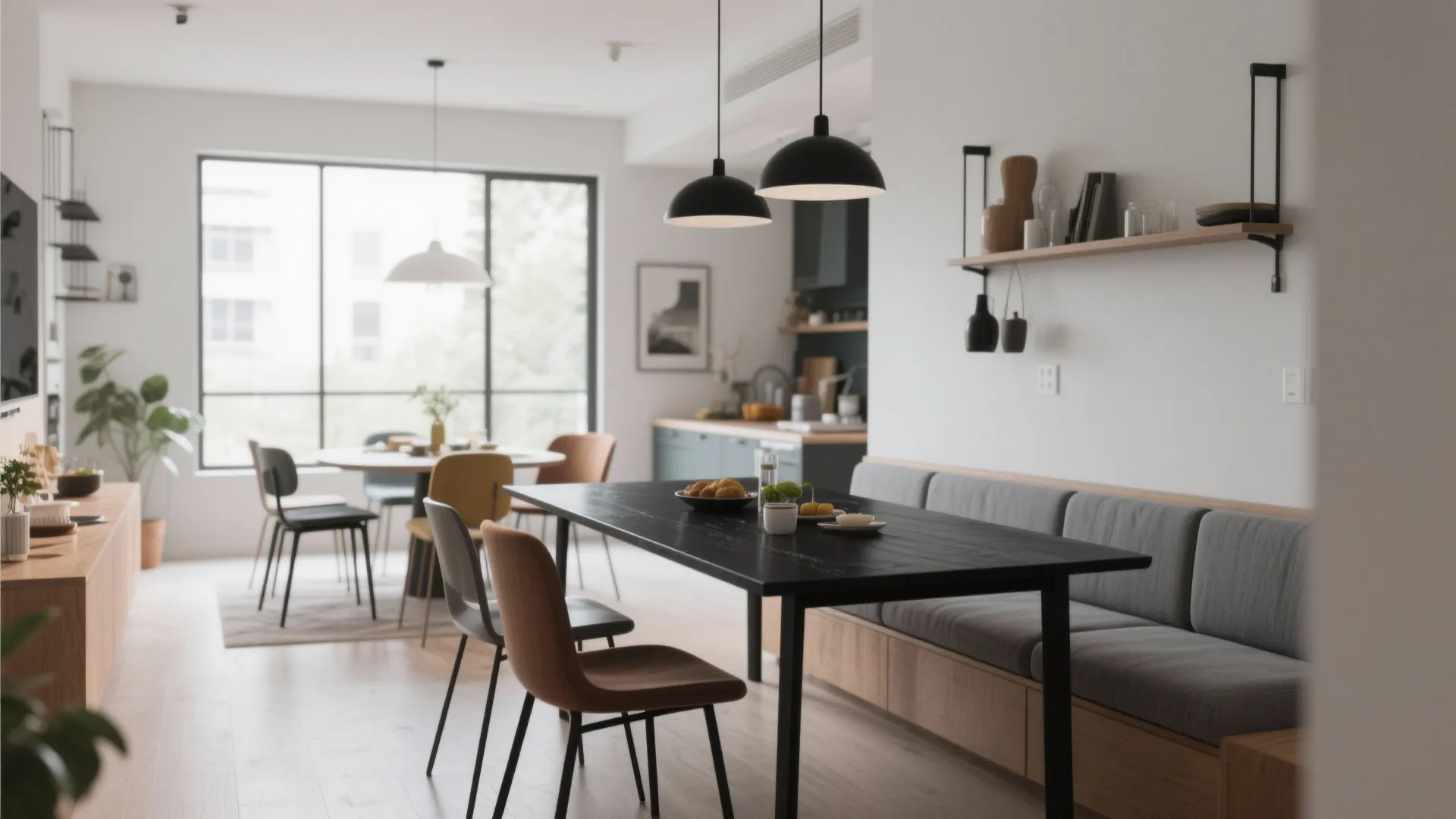 Bright dining area with black table and long grey bench seat with colorful modern chairs