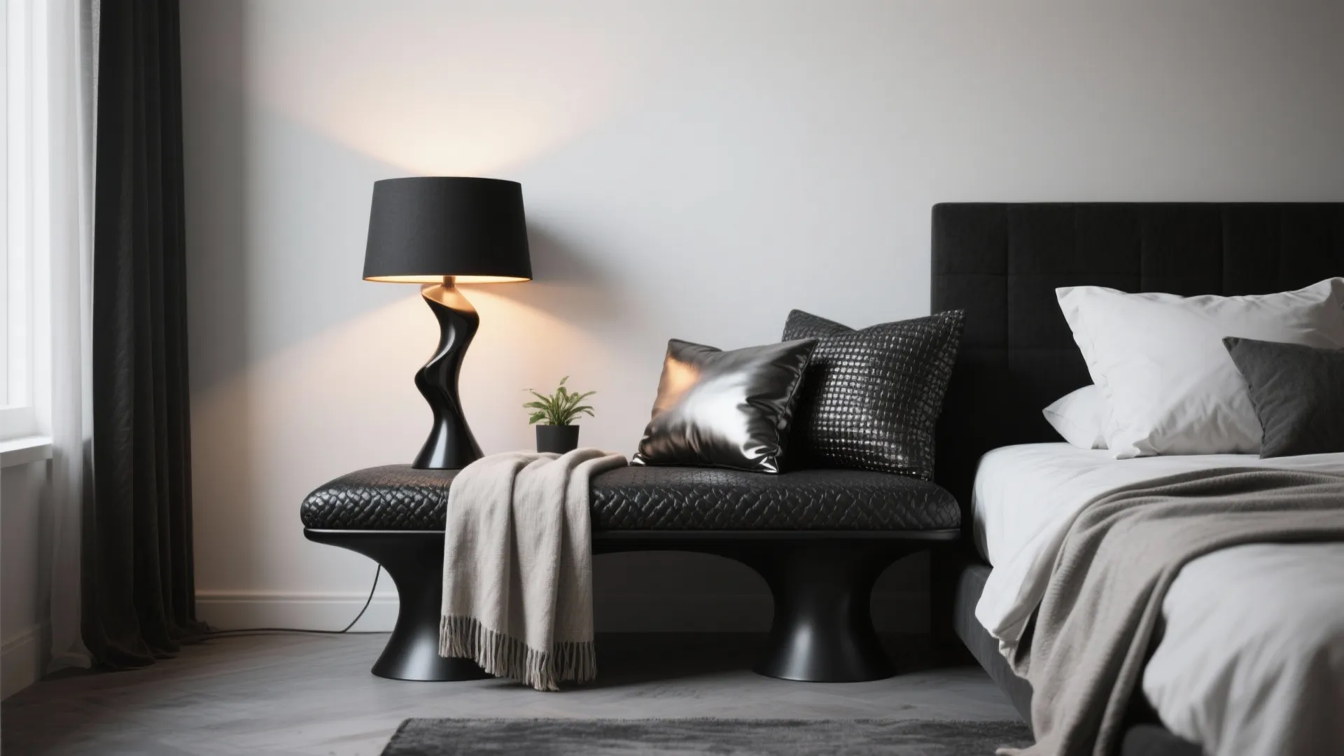 Modern black bench with table lamp and cushions next to a bed in a bedroom