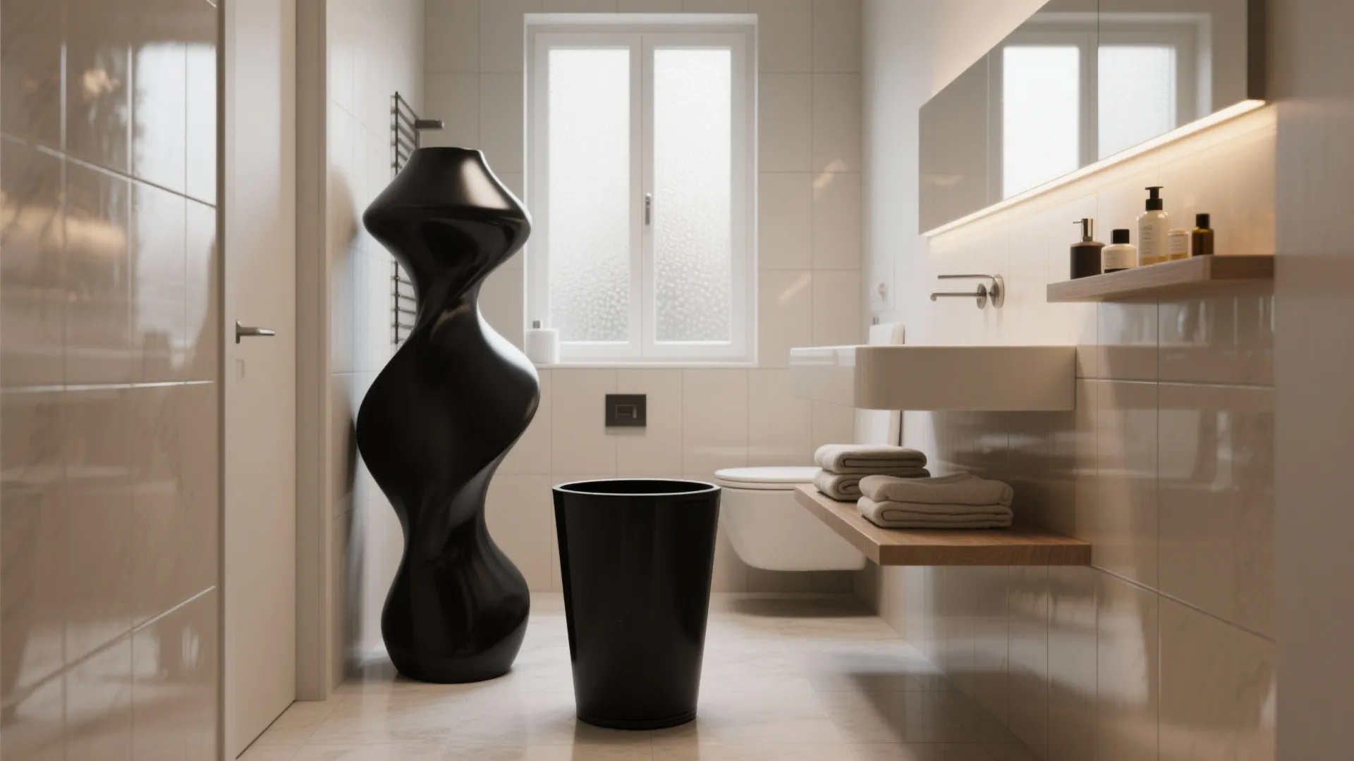 5 Small-Space Ideas for a Black Bathroom Wastebasket: Creative, practical and stylish ways to include a black wastebasket in tiny bathroom layouts