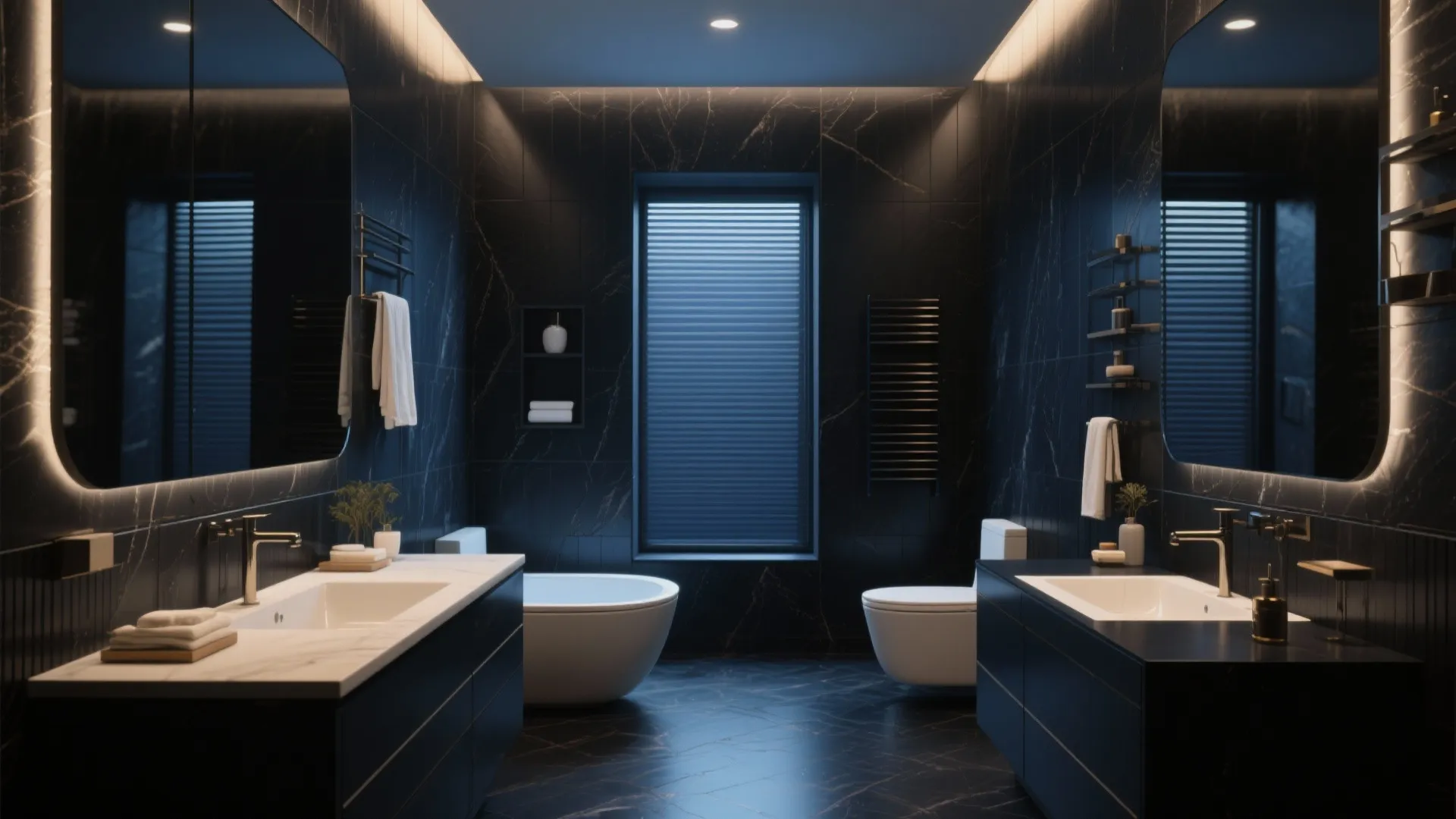 Luxurious dark bathroom with double cabinets, large mirrors, white bathtub, and black marble wall tiles