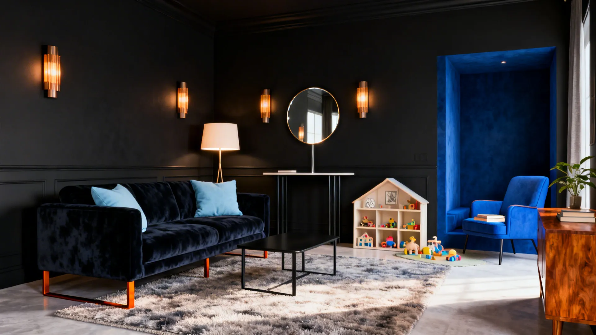Black and Blue Living Room Too Dark? Fix a Small Space