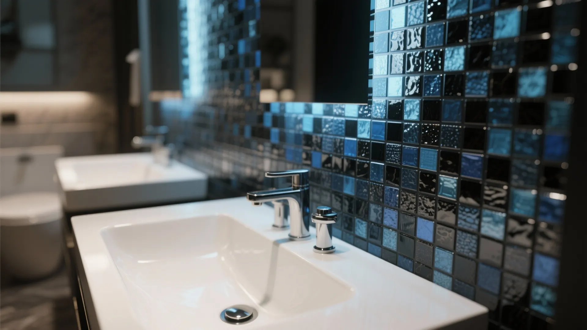 Bathroom sink area with white basin and wall covered in blue and black mosaic tiles