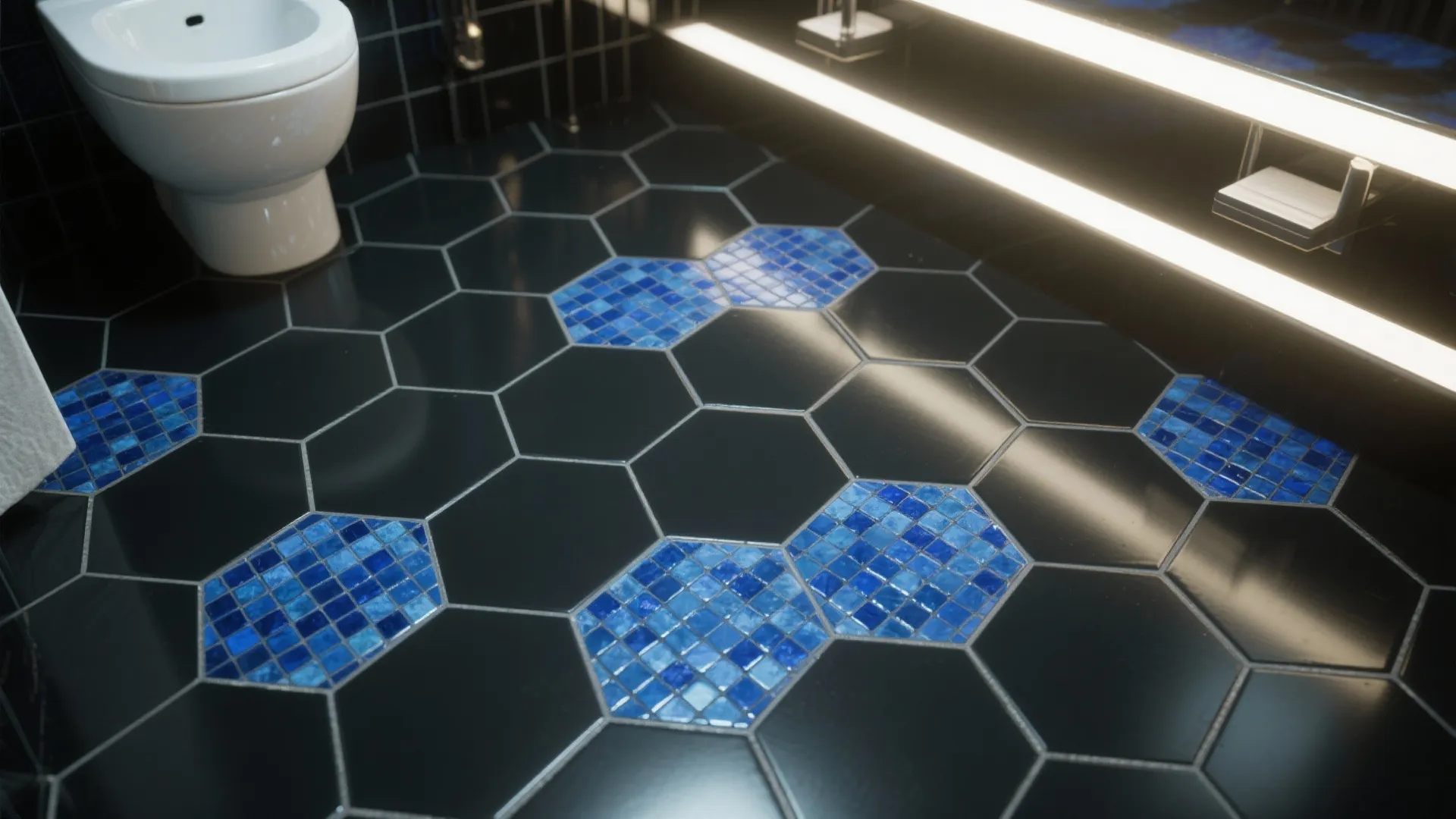 2. Black Floor Tiles with Blue Mosaic Accents