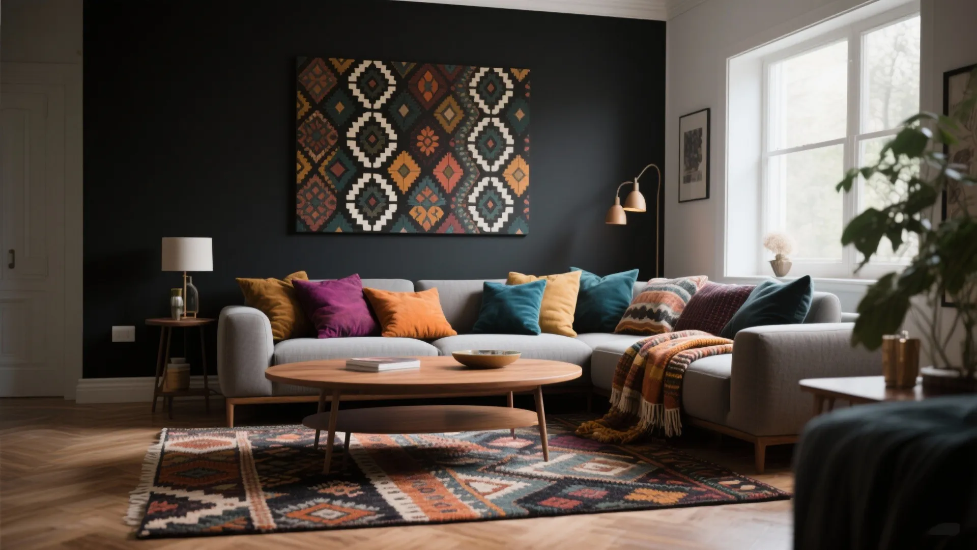 5. Black with bold textiles and patterned rugs