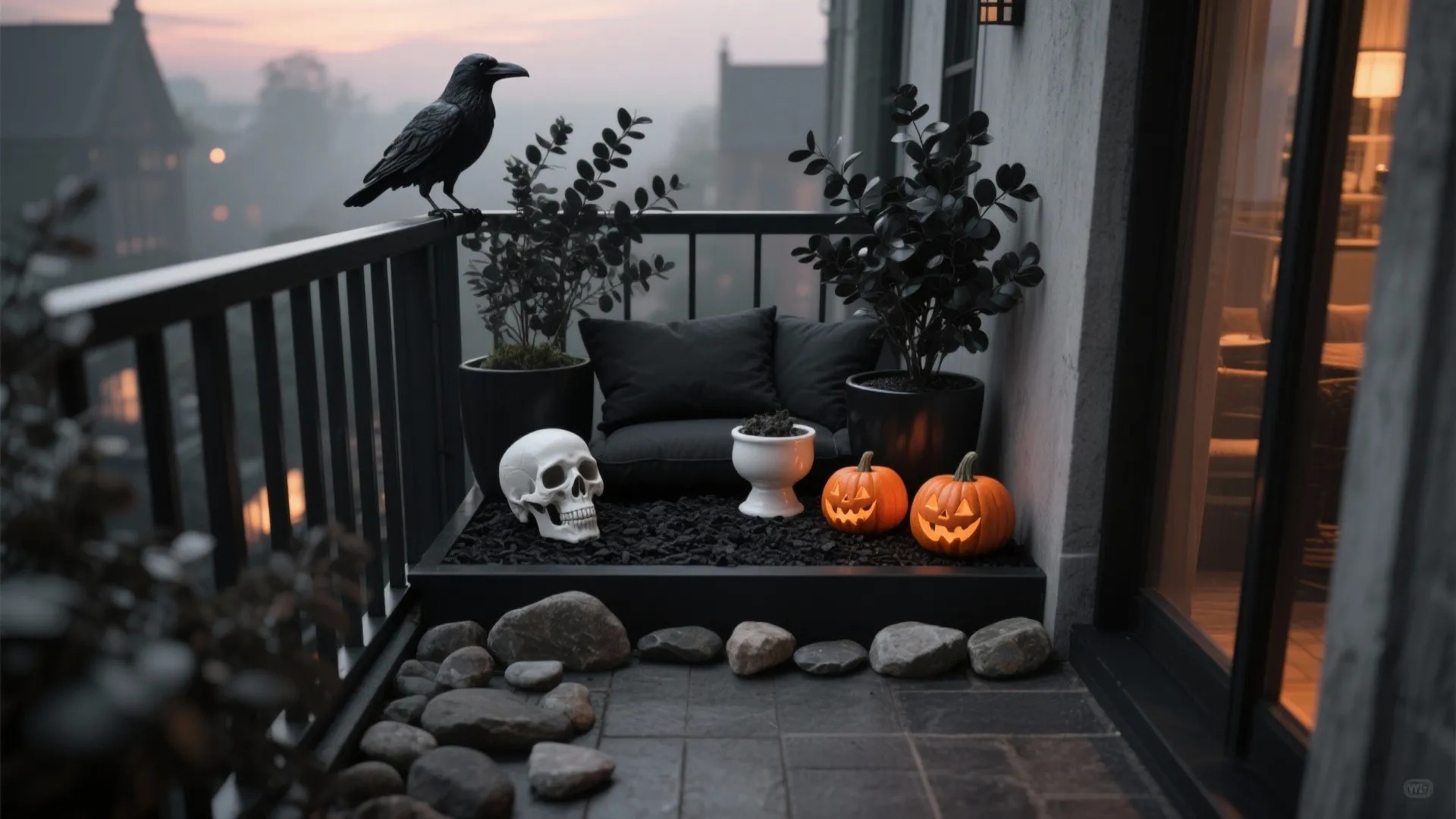 Dark balcony with black sofa plants a crow on the railing and white skull decoration