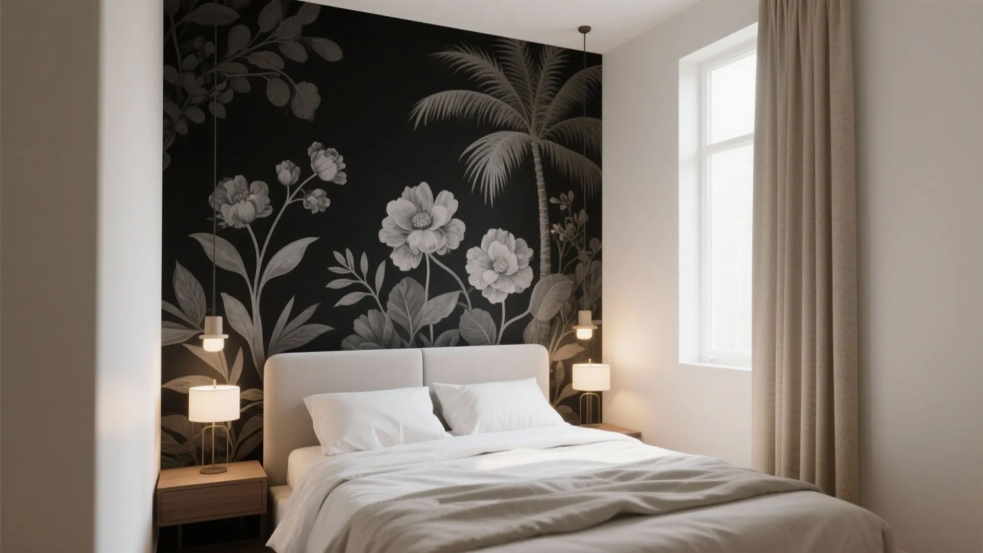 2) Black botanical mural behind the bed