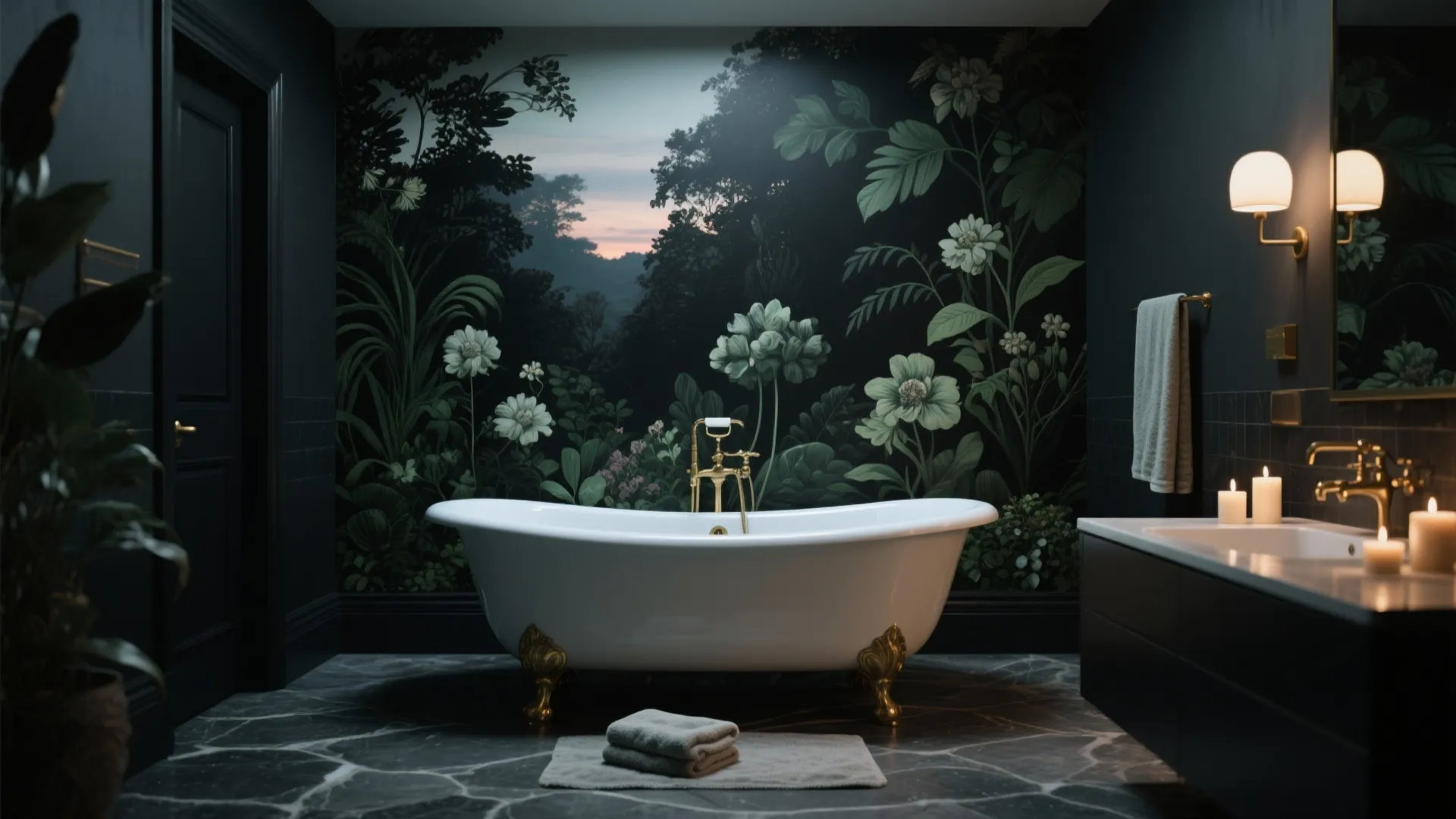 4. Black botanical or mural wallpapers for statement baths