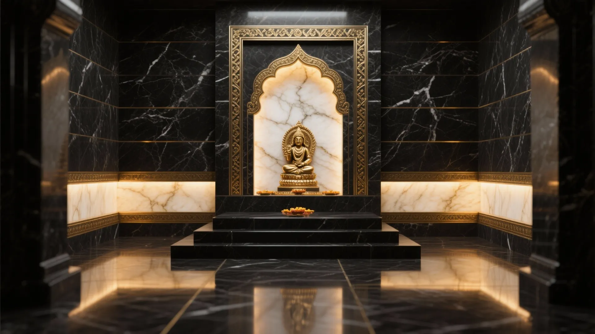 Luxury prayer room with black marble walls golden buddha statue decorative arch and warm hidden lighting