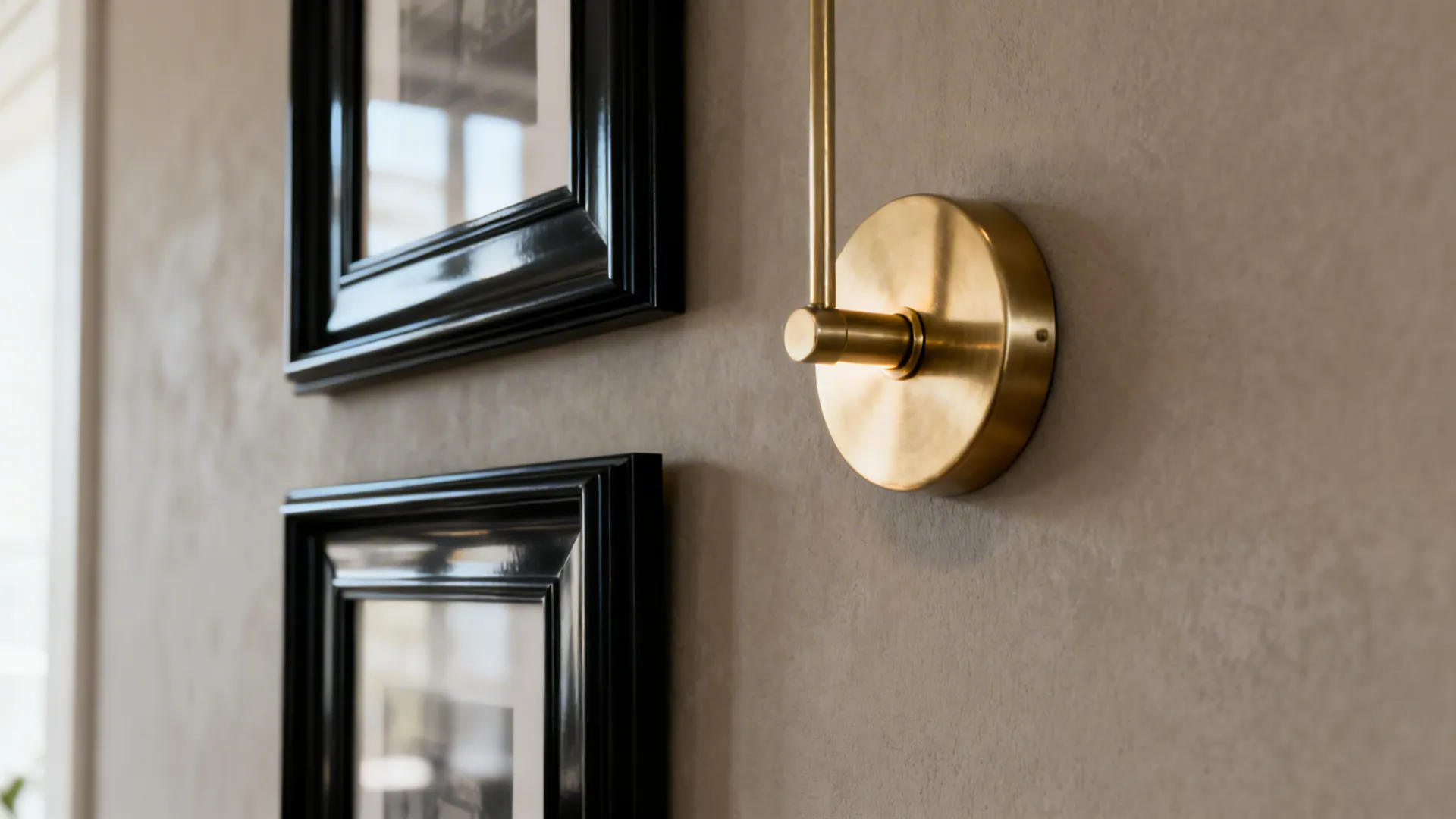 Matte black frames and soft brass lighting accenting a beige-grey interior wall