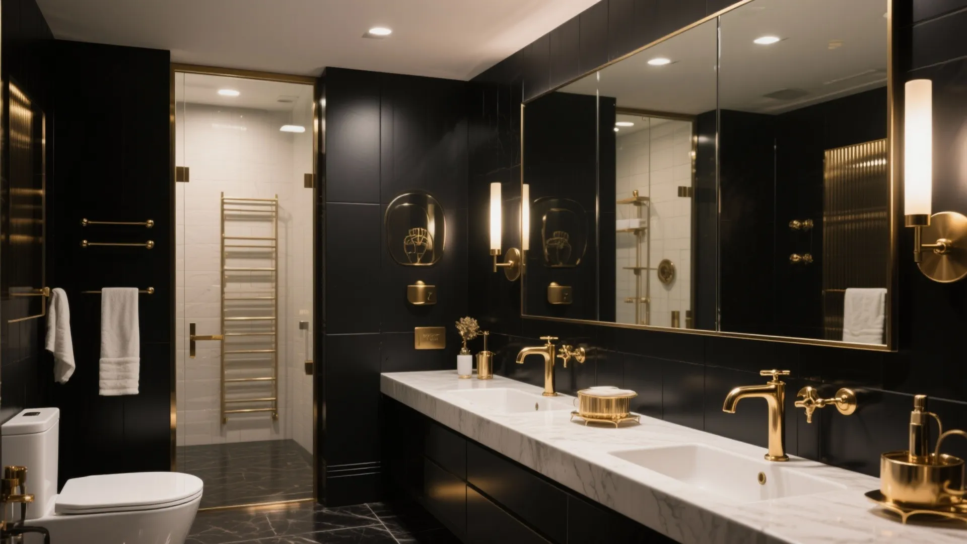 Luxury black bathroom featuring gold faucets white marble counter large mirror and a glass shower