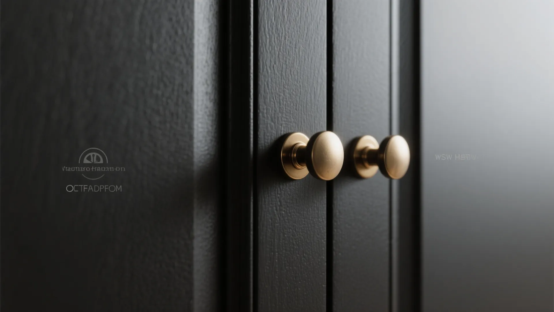 Macro of matte black cabinet with brass knob and satin nickel pull showing texture
