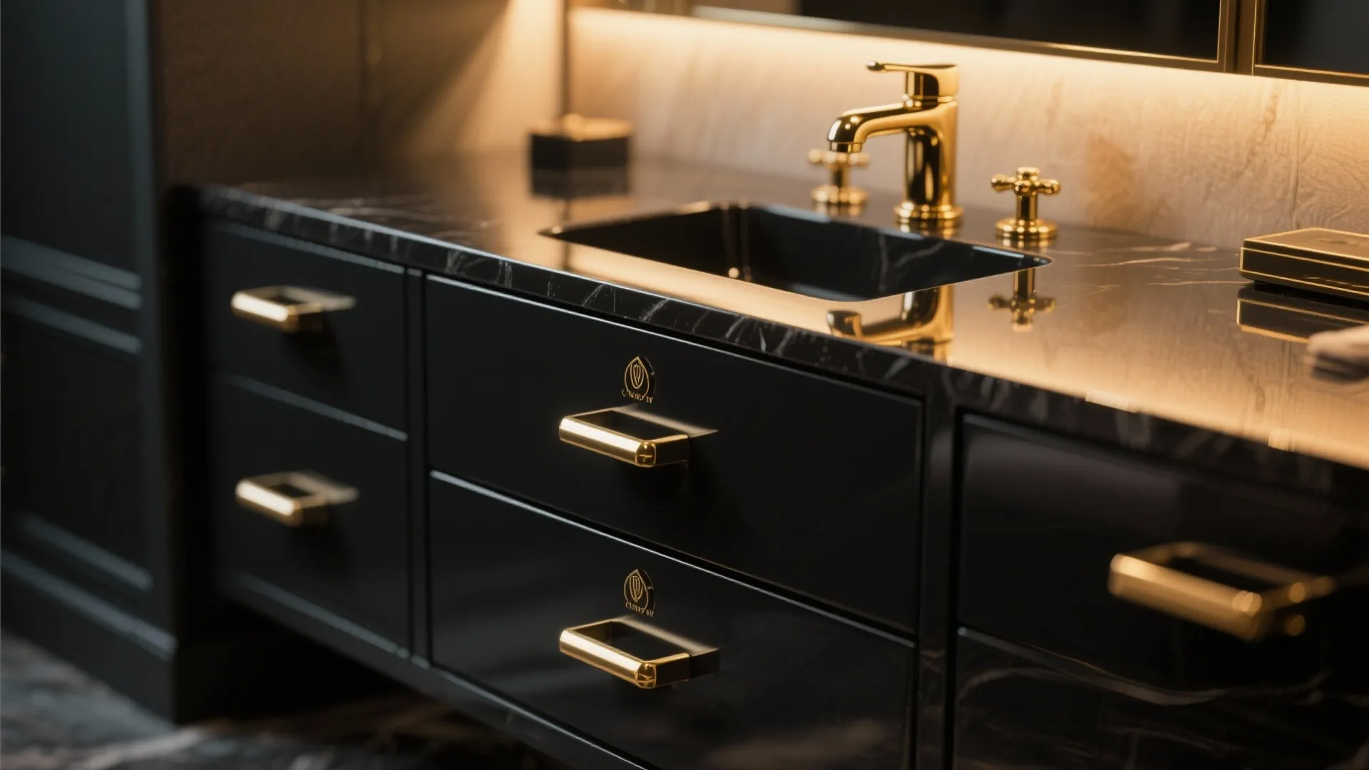 4. Black vanity with brass hardware for luxe warmth