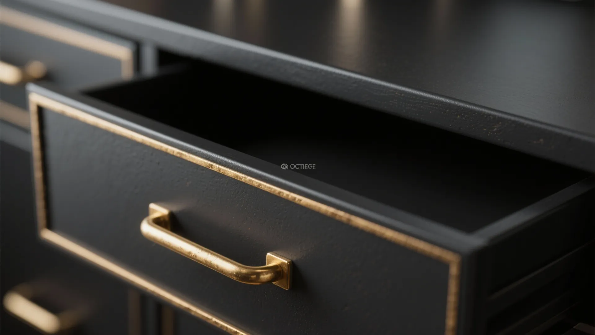 3. Black vanity with integrated brass hardware