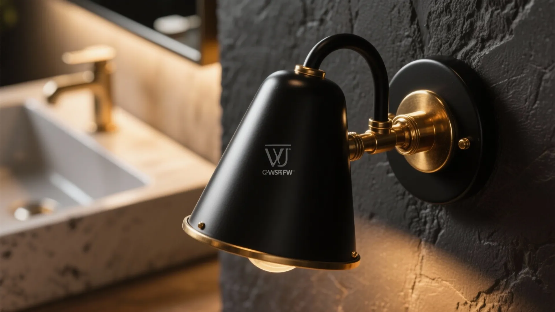 Matte black sconce with brushed brass details illuminated with warm light.
