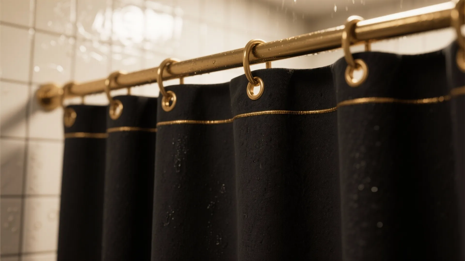Close up of black fabric shower curtain hanging on a gold rod with matching rings