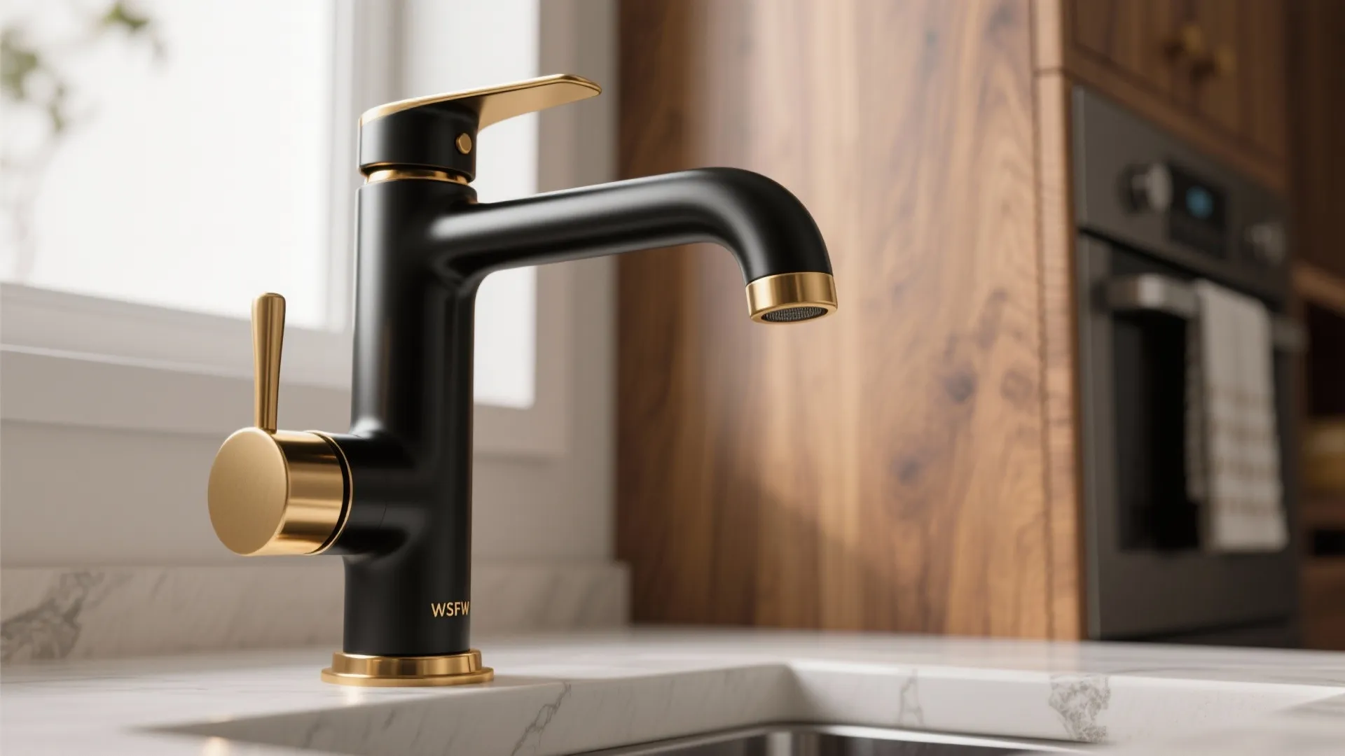 4. Two-Tone Black and Brass Faucet for Warmth