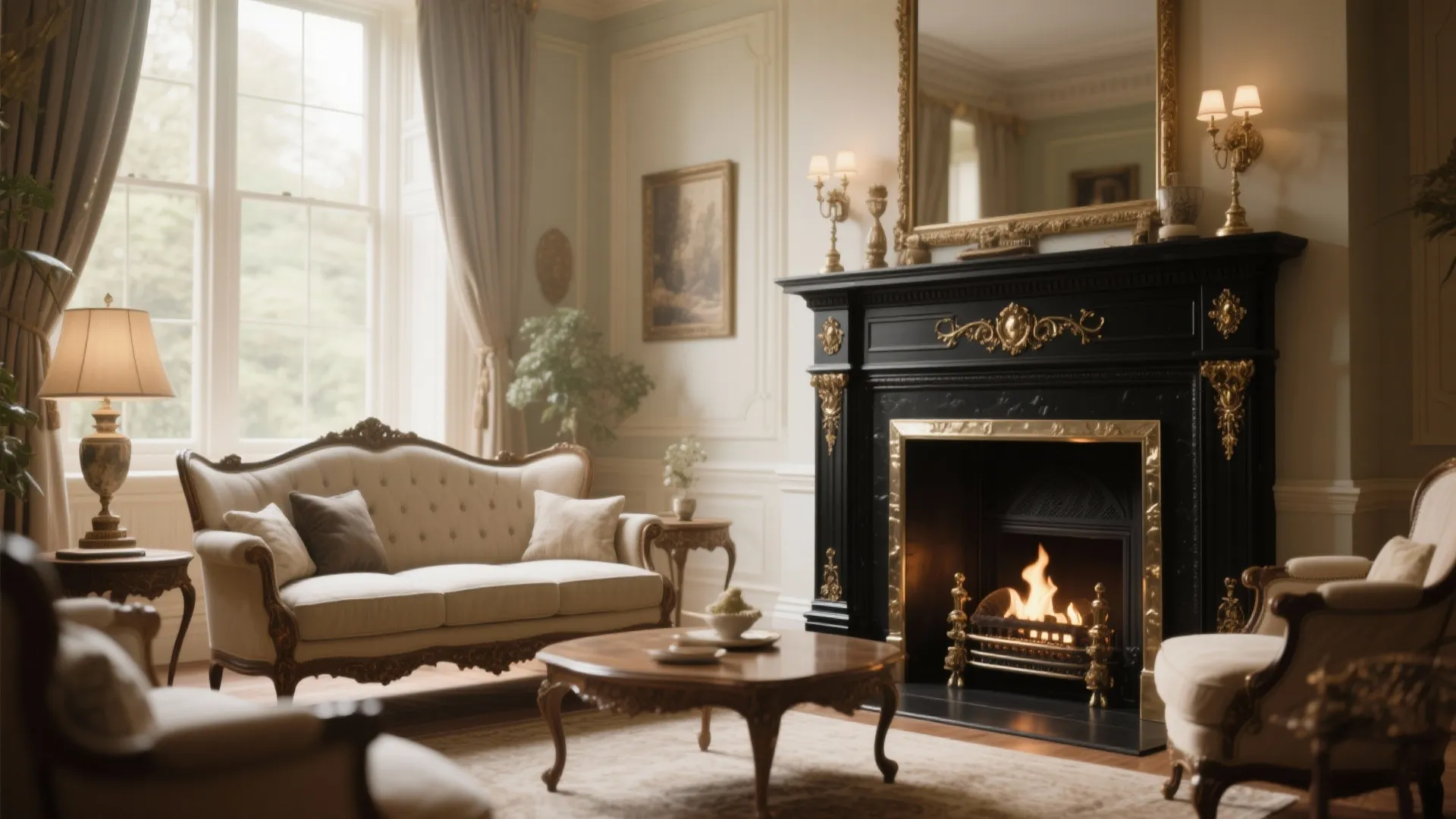 8. Black Fireplace with Brass Accents