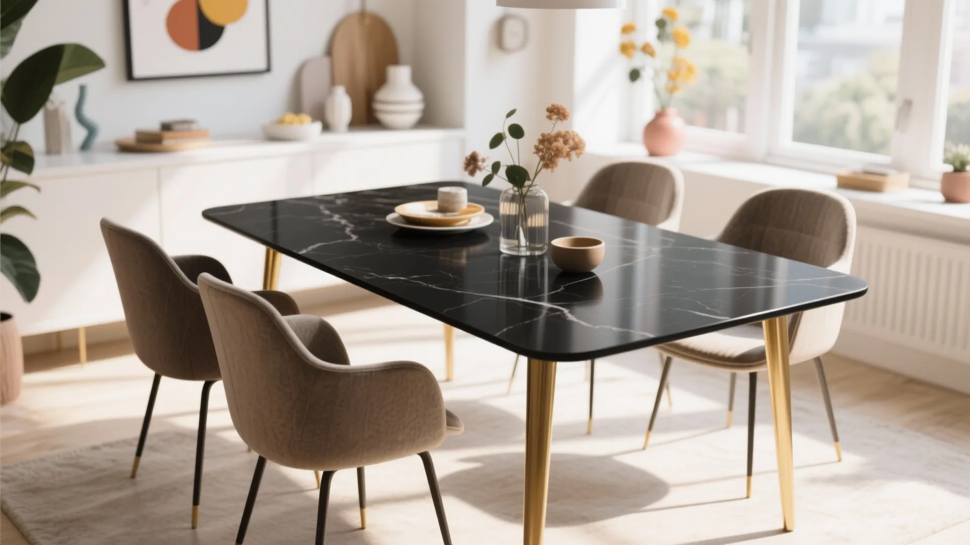 Modern dining room with black marble table, gold legs, grey chairs, white cabinet, and flowers